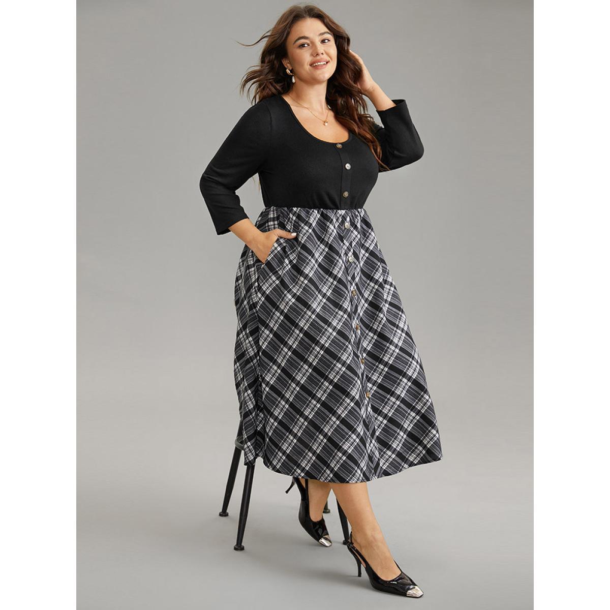Plus Size Plaid Patchwork Scoop Neck Button Detail Dress Black Women Office Printed Scoop Neck Elbow-length sleeve Curvy Midi Dress BloomChic 30/6X Product Image