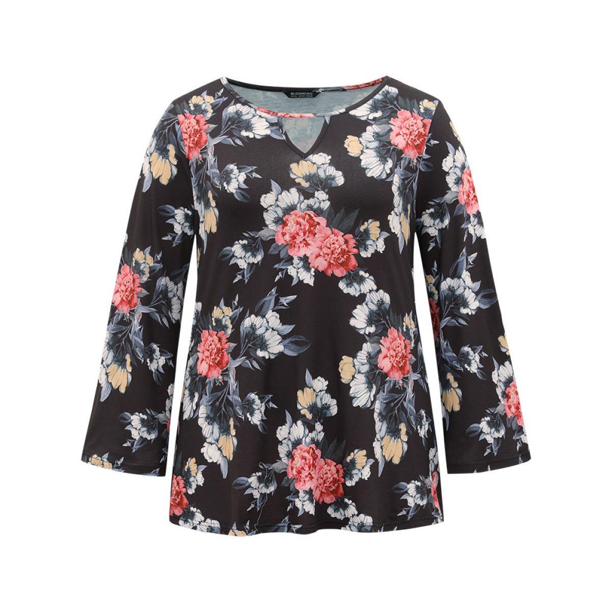 Plus Size Floral Keyhole Ruffle Sleeve T-shirt Multicolor Women Casual Printed Floral Keyhole Cut-Out Dailywear T-shirts BloomChic 30/6X Product Image