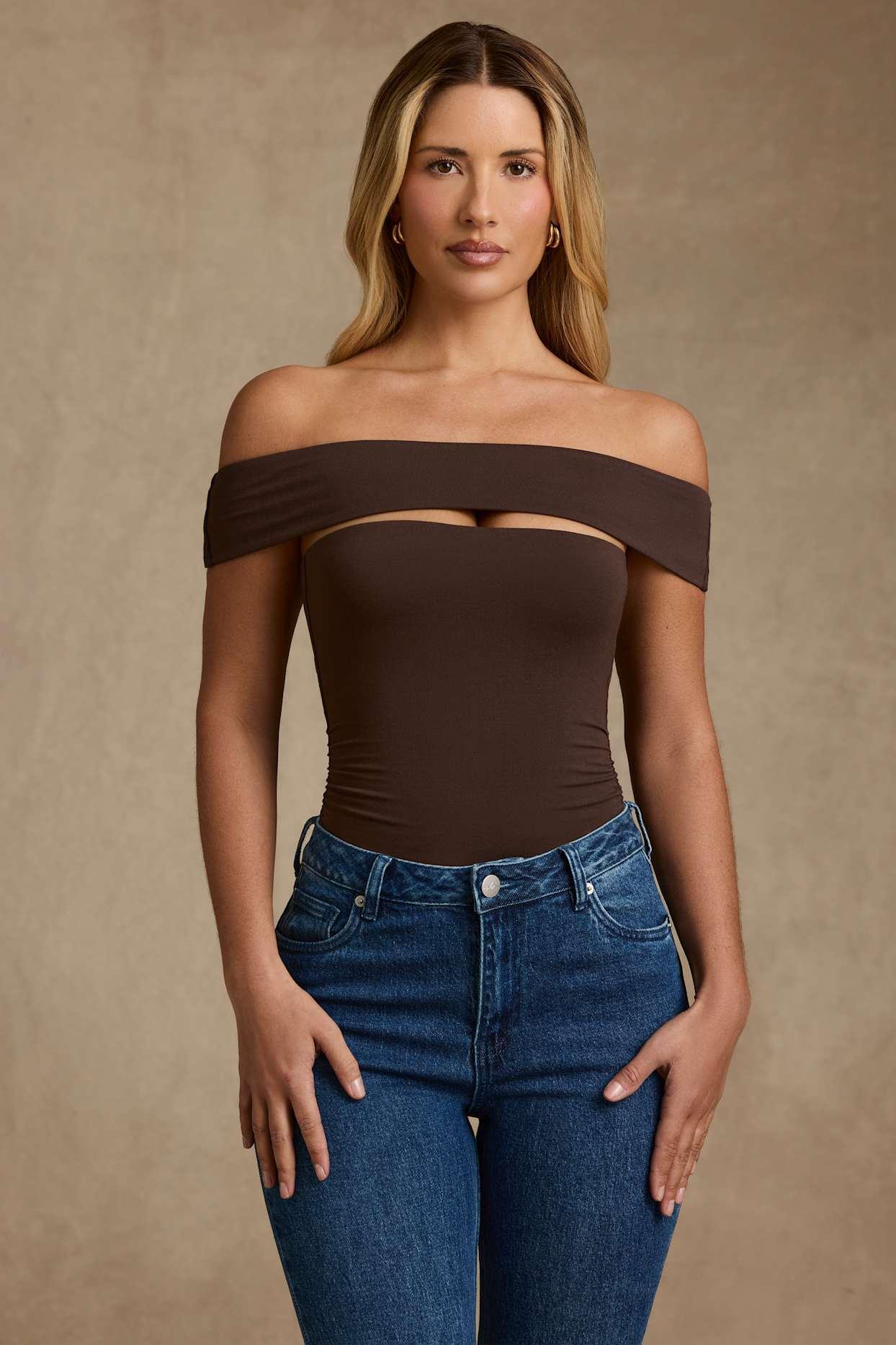 Modal Cut-Out Off-Shoulder Bodysuit in Chocolate Brown Product Image