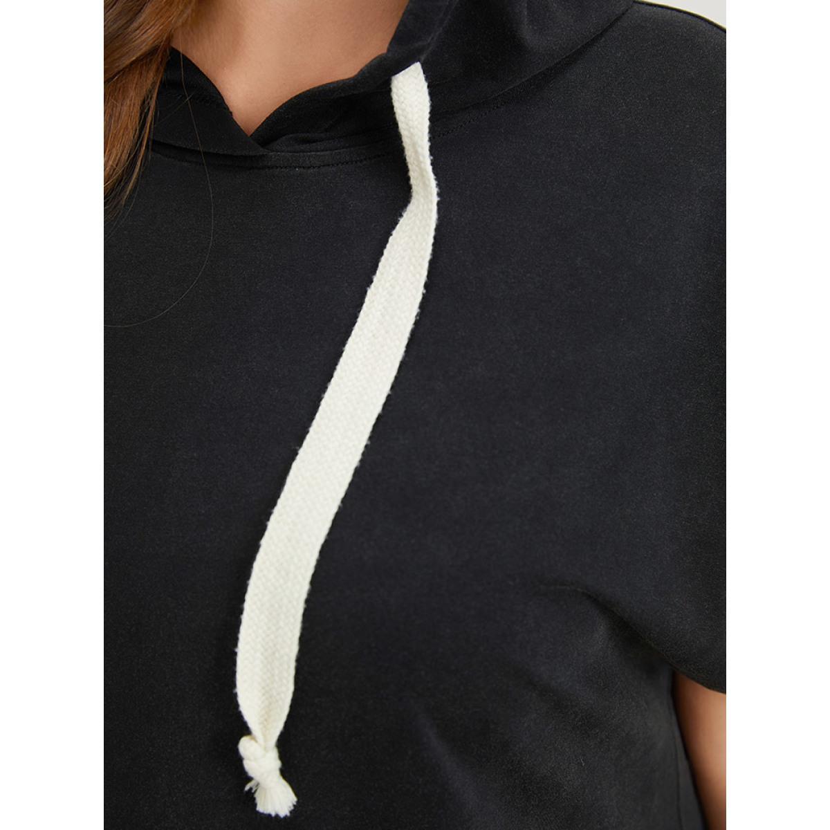 Plus Size Hooded Ties Pocket Batwing Sleeve T-shirt Black Women Casual Cross straps Plain Hooded Dailywear T-shirts BloomChic 10/M Product Image