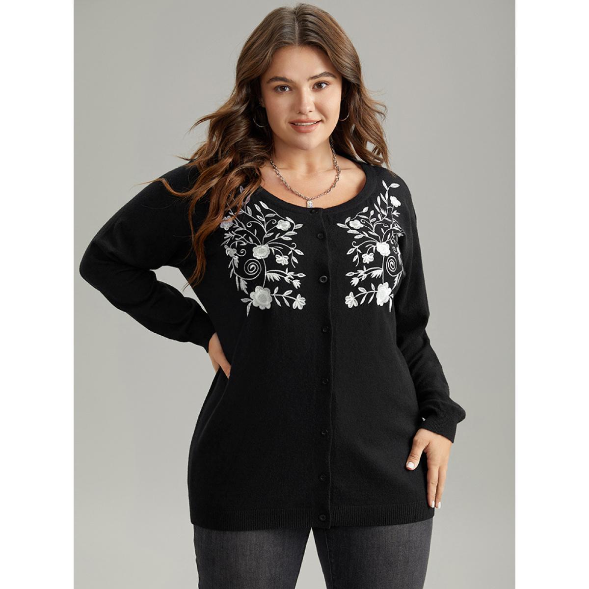 Plus Size Supersoft Essentials Anti-Pilling Silhouette Floral Print Cardigan Black Women Casual Loose Long Sleeve Dailywear Cardigans BloomChic 14-16/1X Product Image