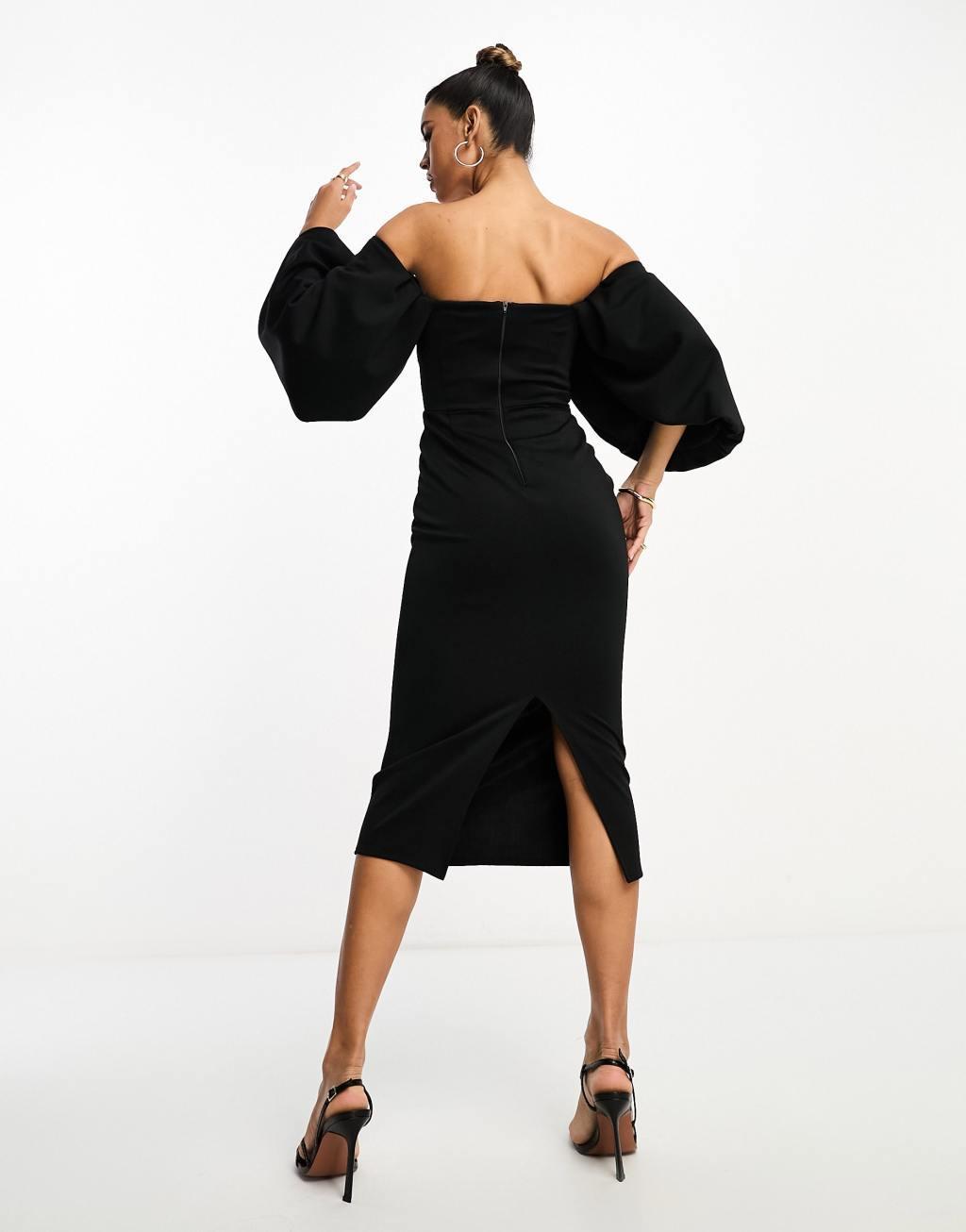ASOS DESIGN off shoulder draped sleeves corset mesh insert midi dress Product Image