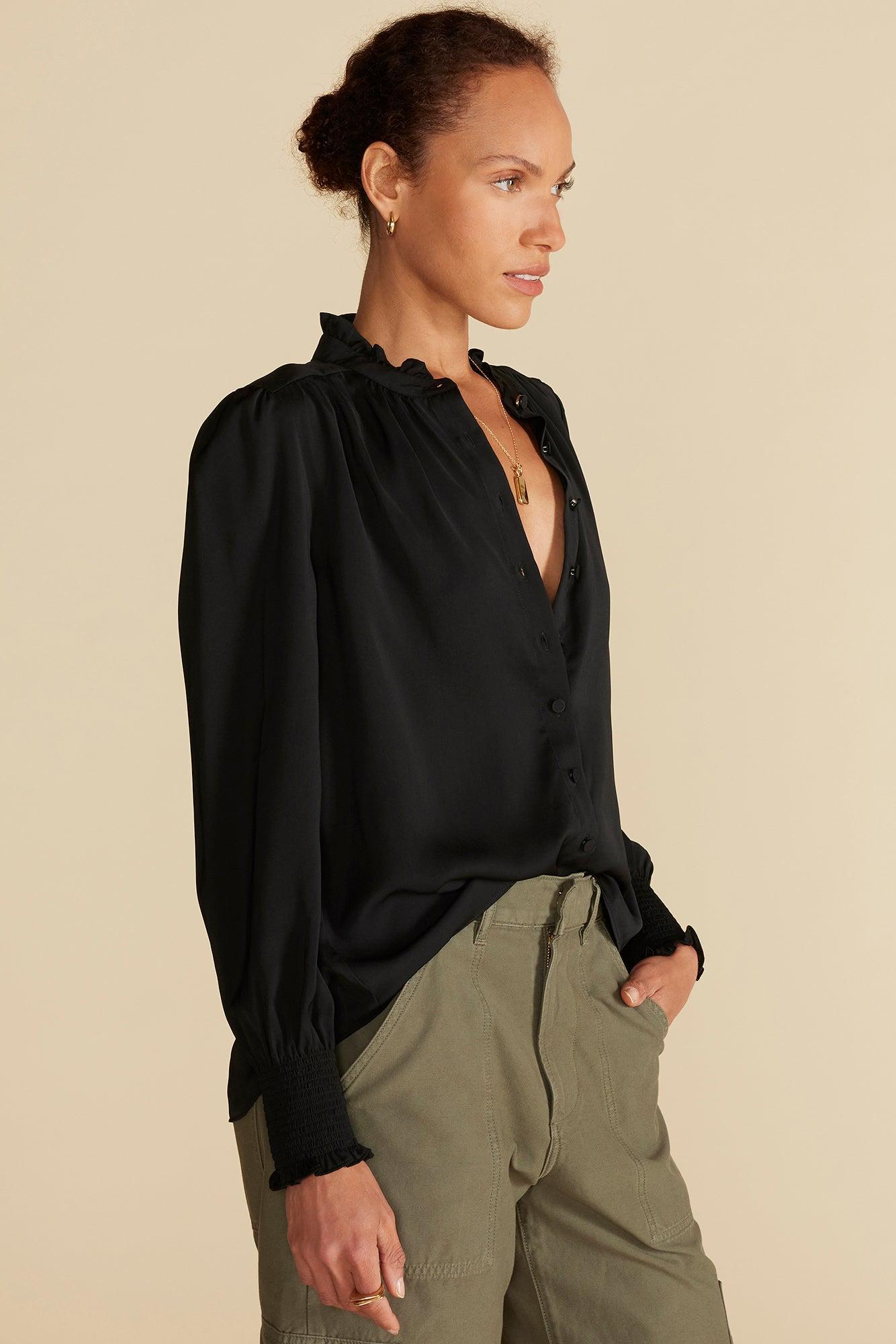 Charlotte Ruffled Recycled Sateen Blouse - Black Product Image