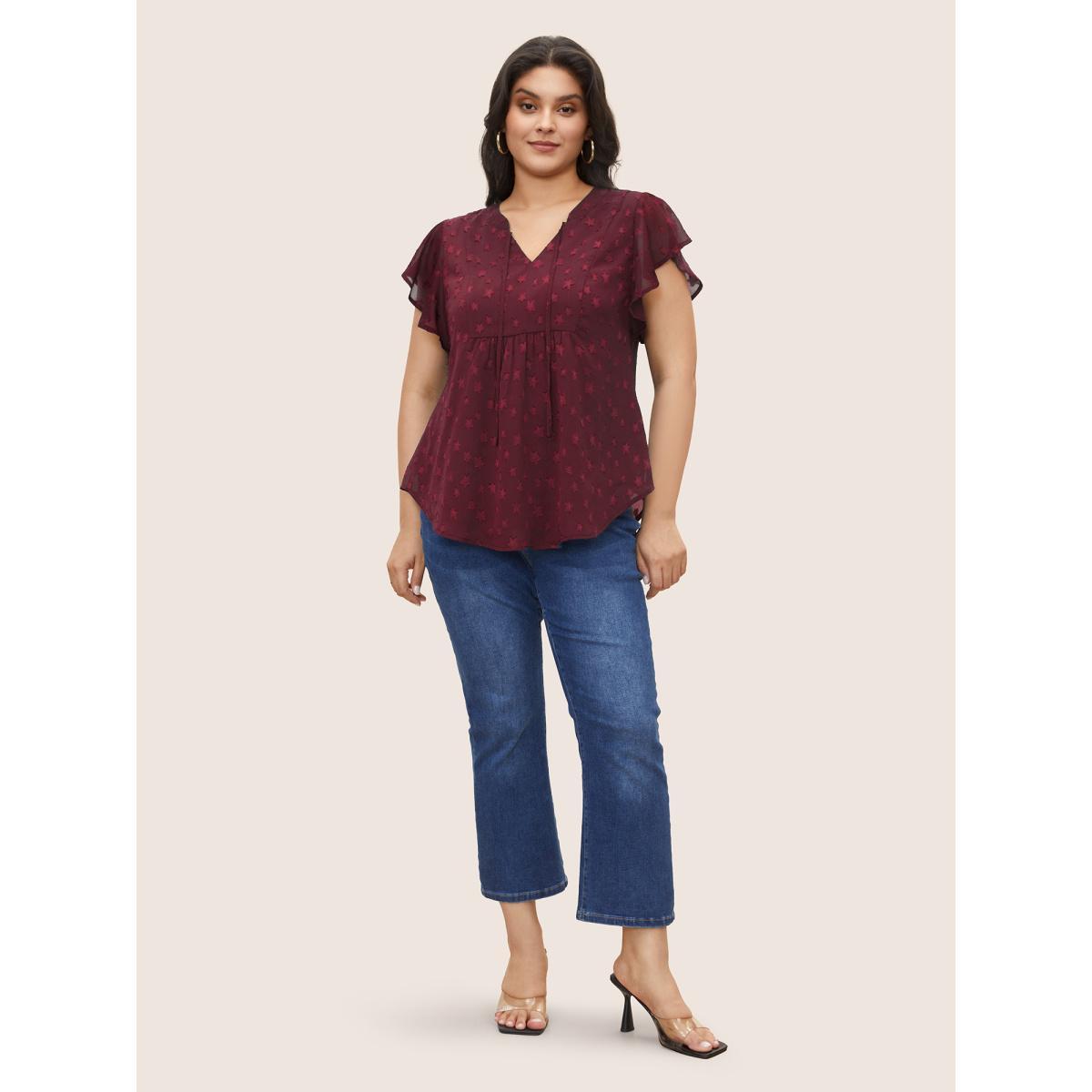 Plus Size Indigo Star Mesh Gathered Ruffle Sleeve Blouse Women Elegant Cap Sleeve V-neck Everyday Blouses BloomChic 22-24/3X Product Image