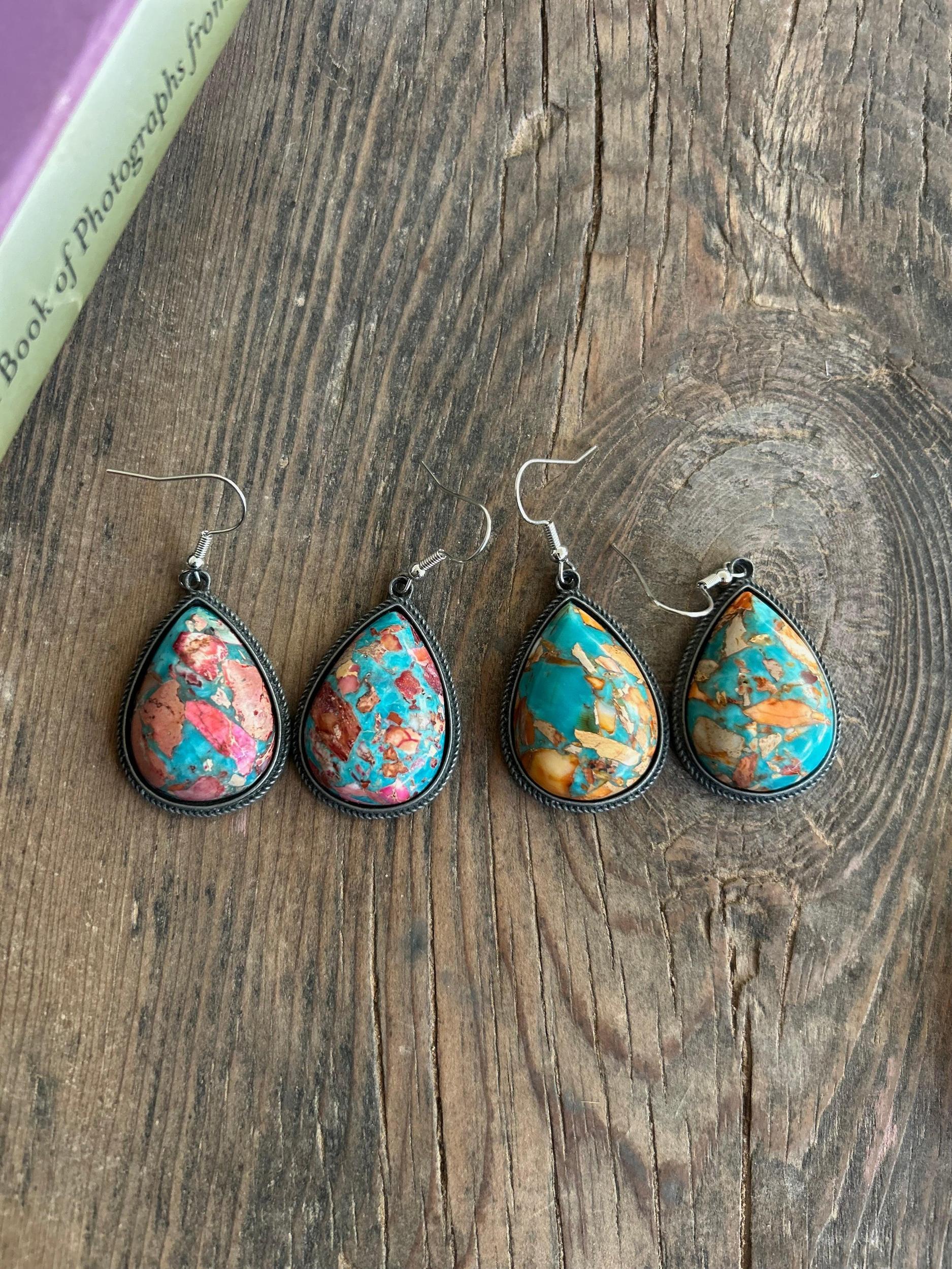 Big Tear Drop Stone Turquoise Dangle Earrings - 2 Colors Product Image
