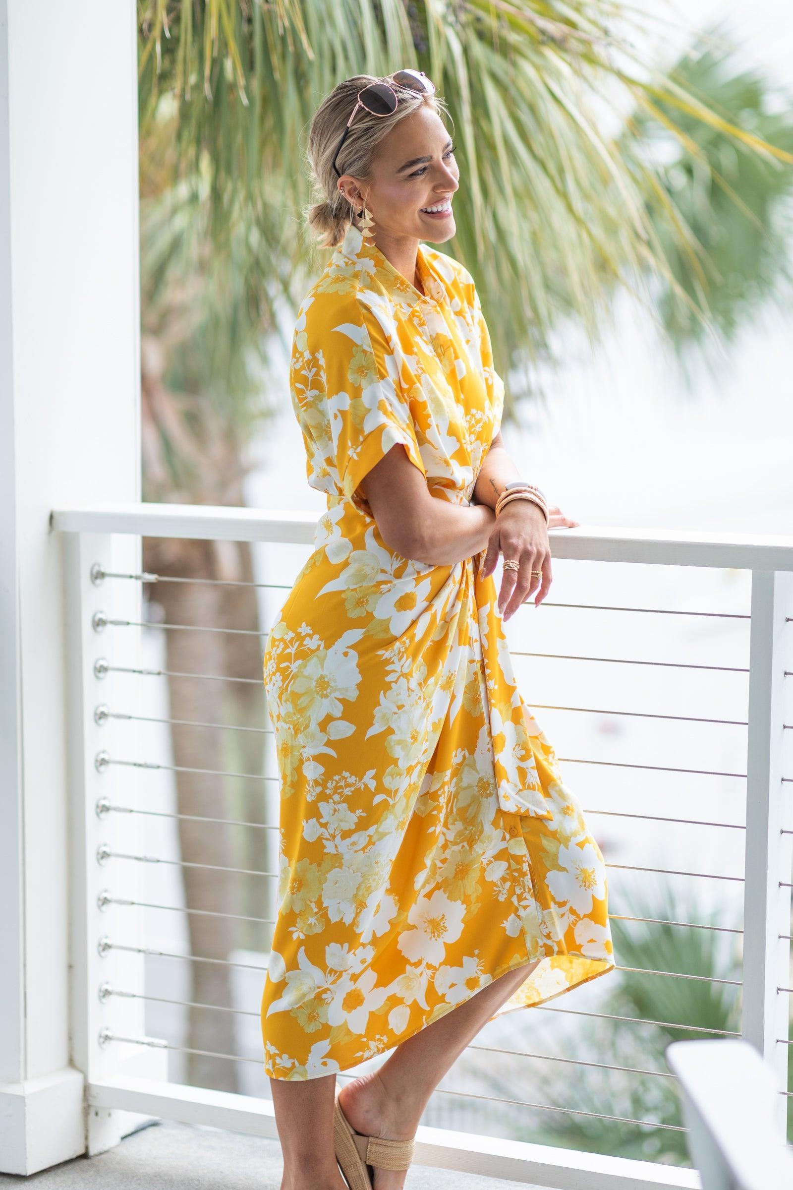 Yellow Floral Tie Waist Collared Midi Dress Product Image