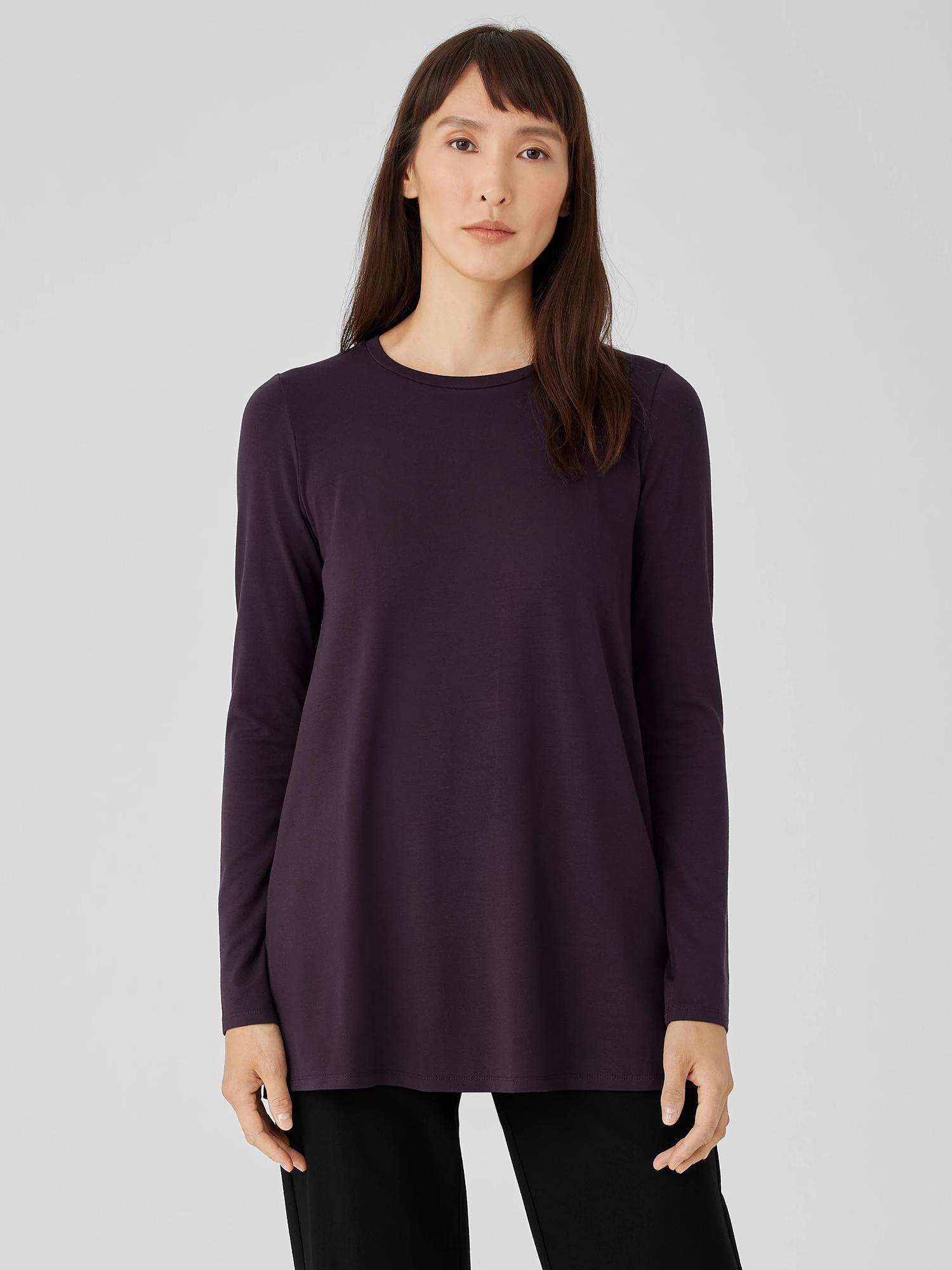 Stretch Jersey Knit Crew Neck Long Top Product Image