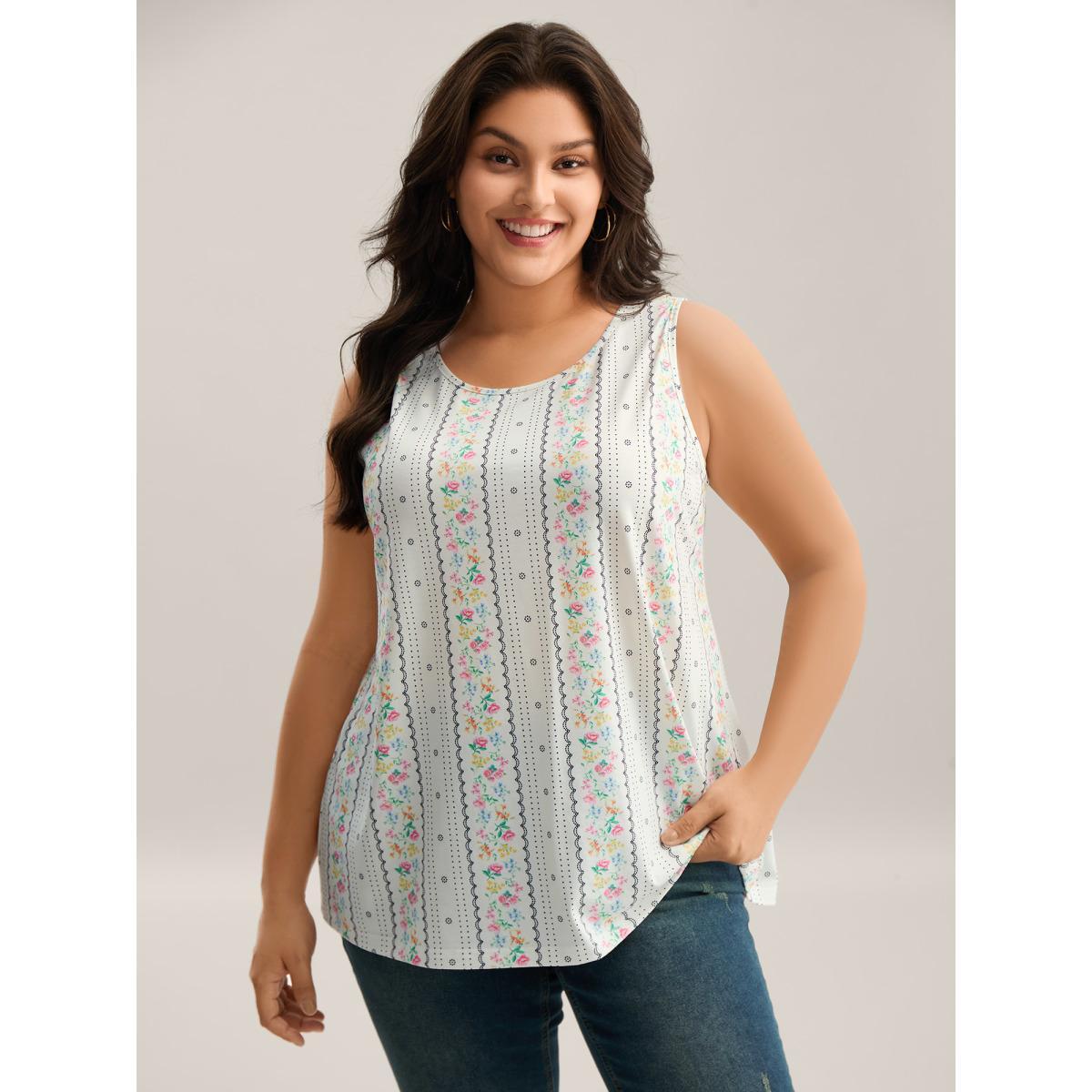 Plus Size Floral Print Panels Fitted Tank Top Women Originalwhite Non Round Neck Everyday-Casual Tank Tops Camis BloomChic 12/L Product Image