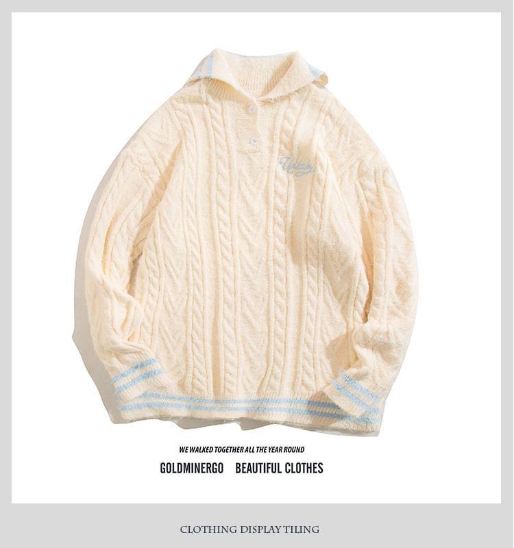 Half Buttoned High Neck Cable Knit Sweater Product Image