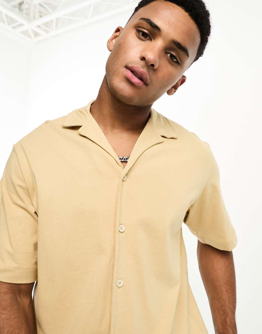 Jack & Jones Premium oversized heavy weight jersey camp collar shirt in beige Product Image