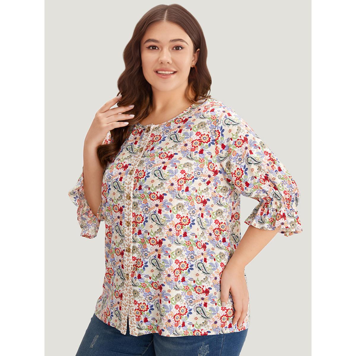 Plus Size Multicolor Floral & Paisley Graphic Button Up Lantern Sleeve Blouse Women Vacation Half Sleeve Round Neck Dailywear Blouses BloomChic 18-20/2X Product Image