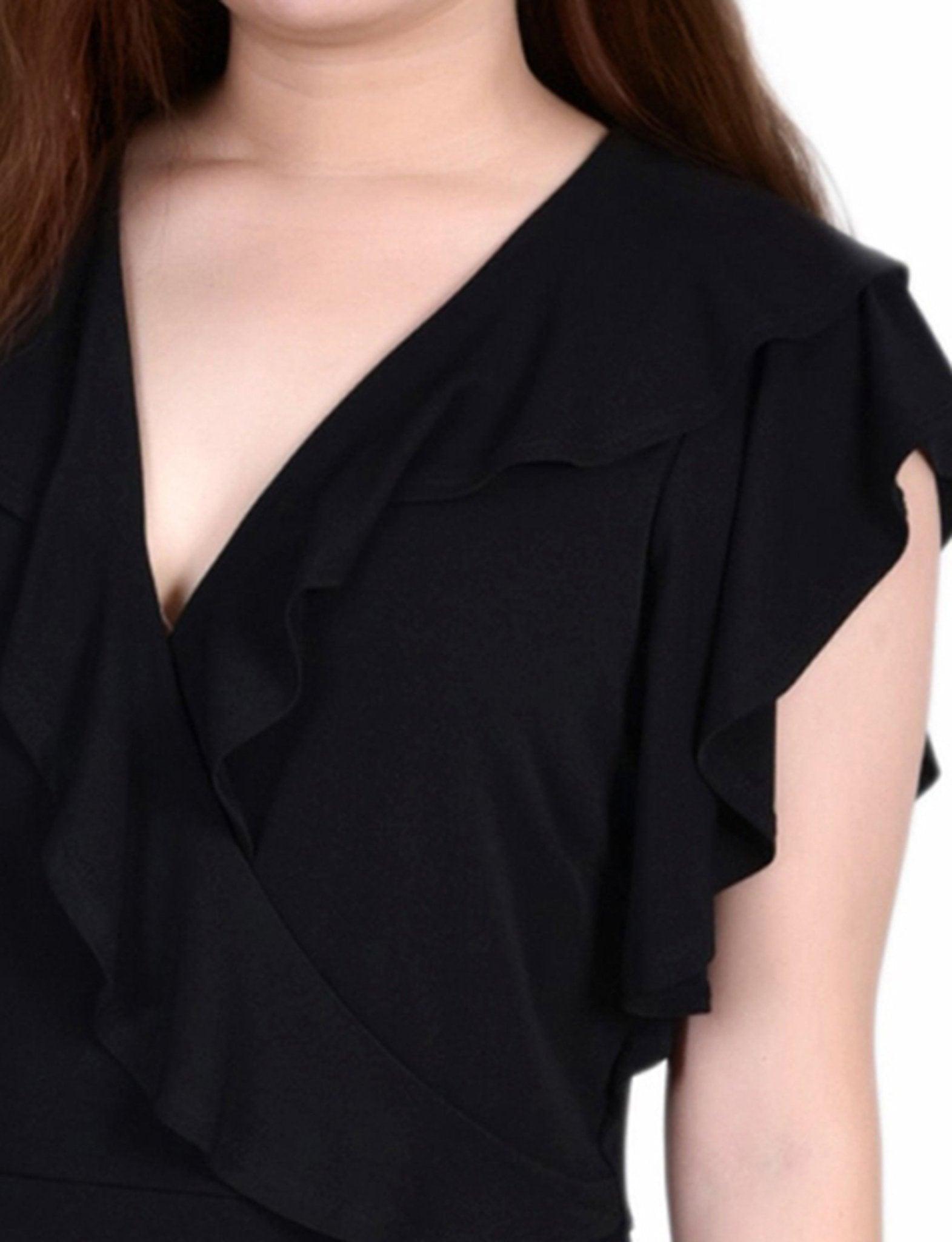Black Short flutter Sleeve Ruffle Neck Dress - Petite Product Image
