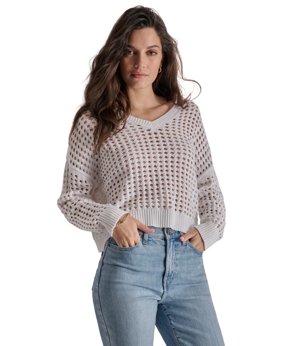 Dkny Jeans Womens V-Neck Open-Stitch Cotton Sweater Product Image