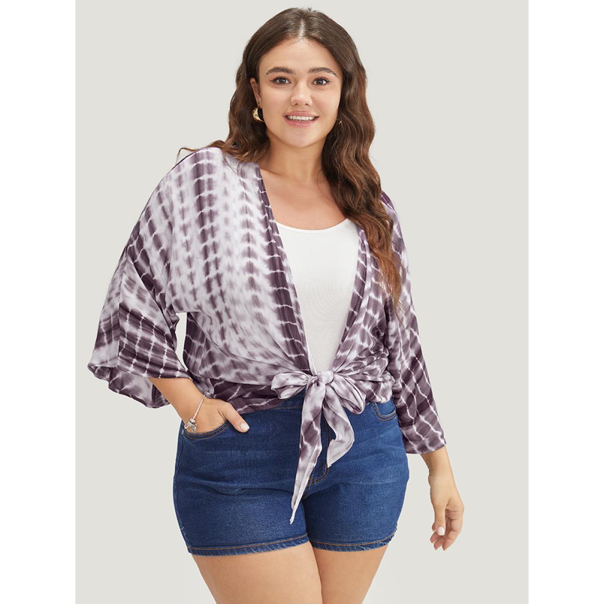 Plus Size Tie Dye Open Front Batwing Sleeve Knotted Hem Kimono Women Heather Vacation Tie Dye Loose Dailywear Kimonos BloomChic 12/L Product Image