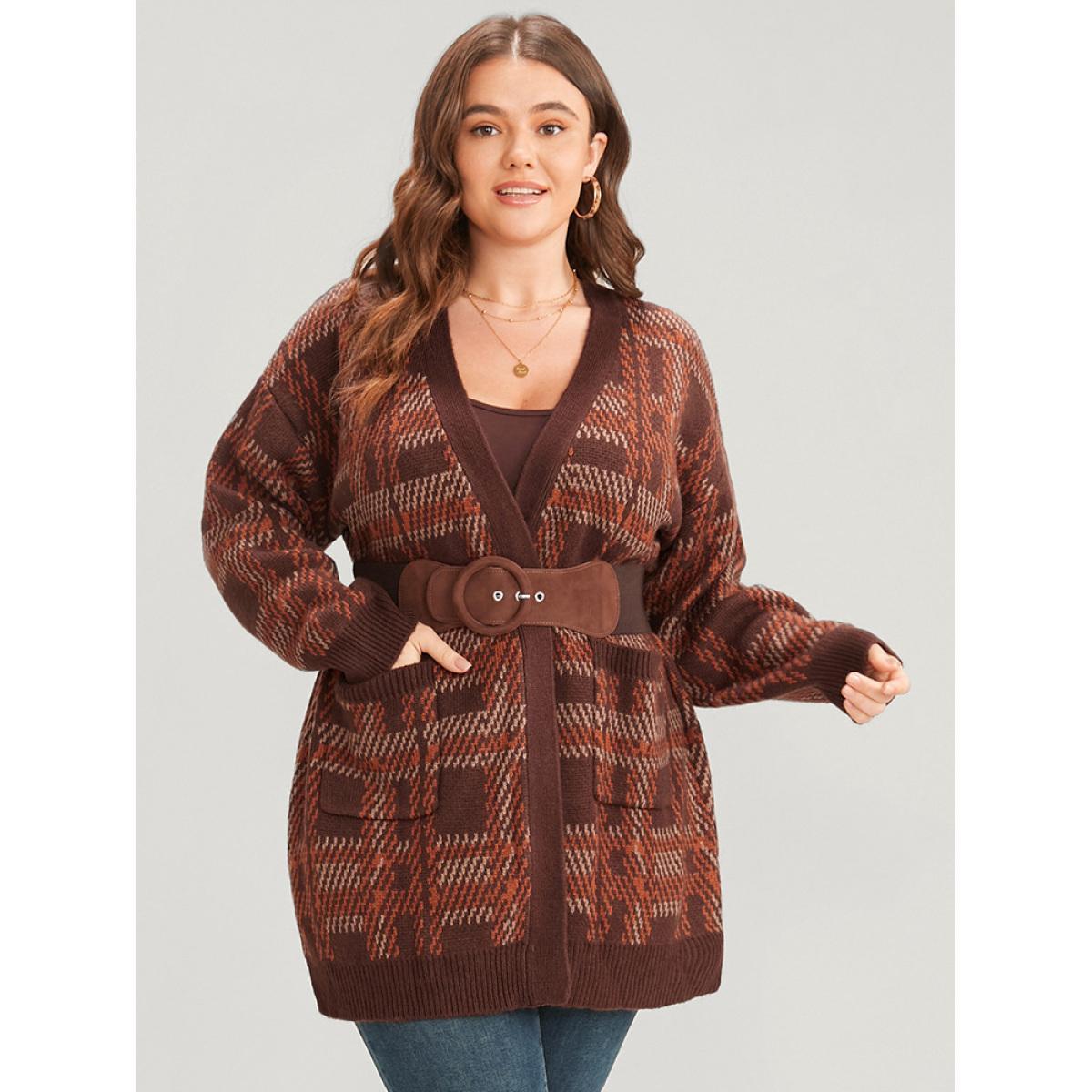 Plus Size Tartan Contrast Pointelle Knit Pocket Open Front Cardigan DarkBrown Women Casual Loose Long Sleeve Dailywear Cardigans BloomChic 28/5X Product Image