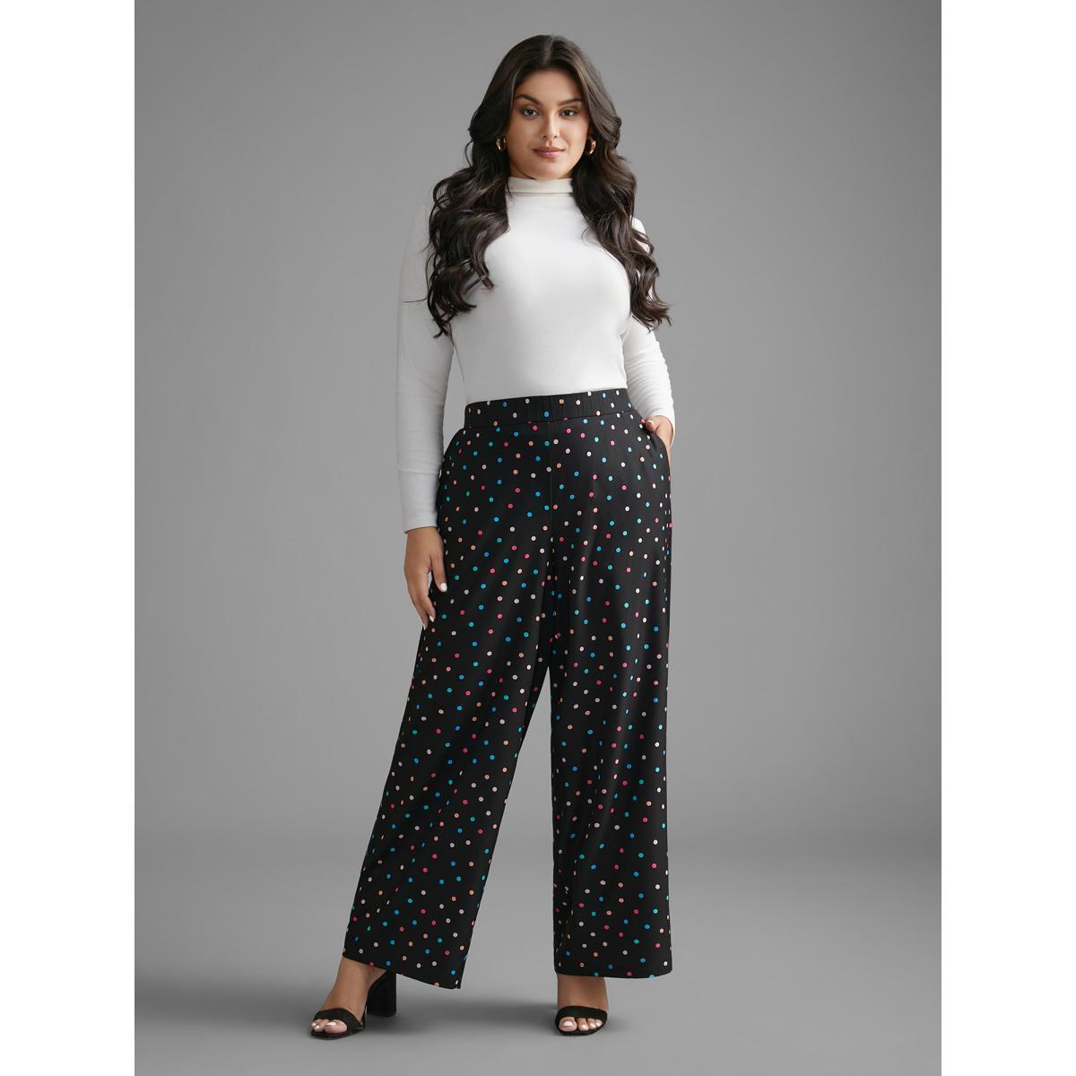 Plus Size Colored Polka Dot Wide Leg Pants Women Black Workwear Essentials Loose Mid Rise Work Pants BloomChic 10/M Product Image
