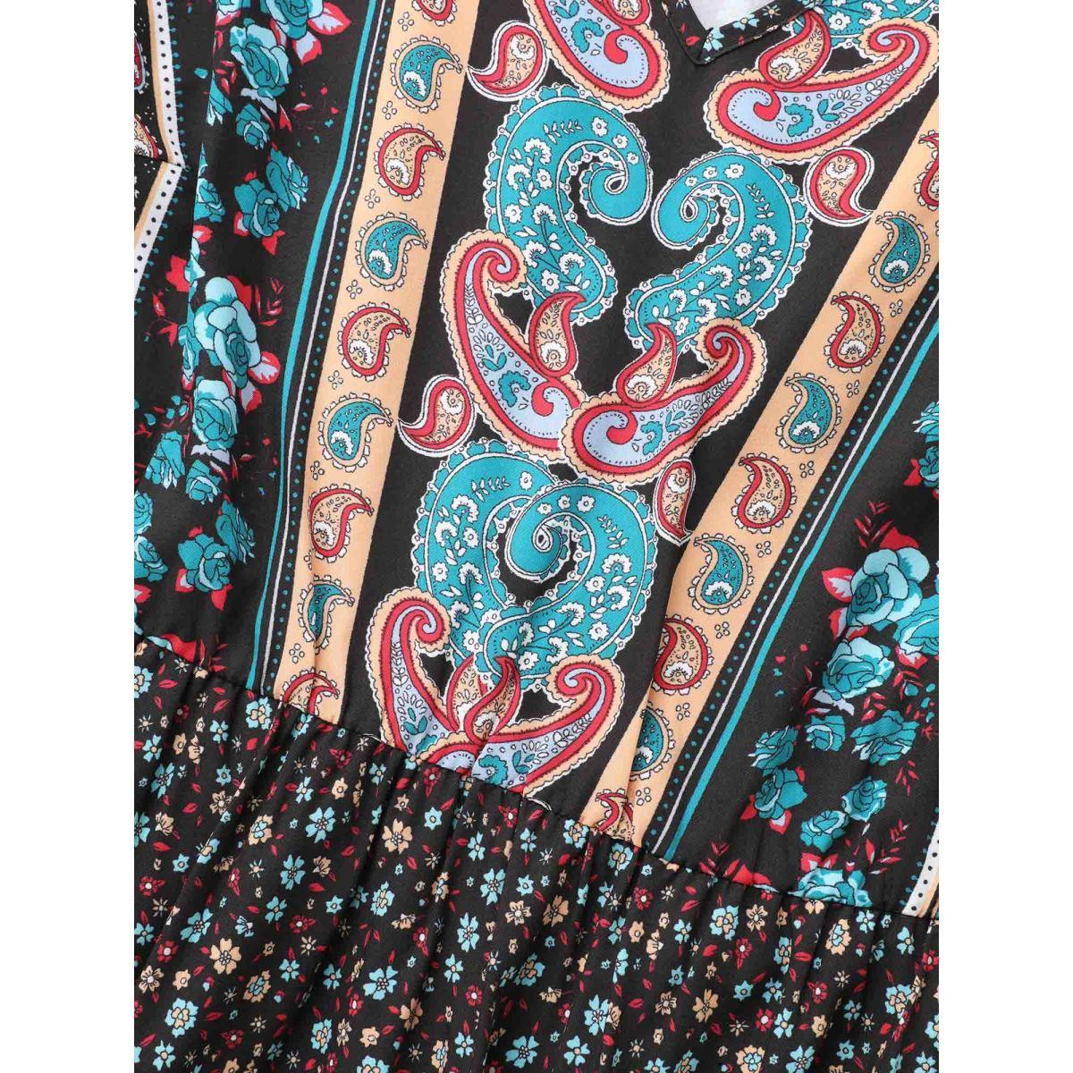 Plus Size Boho Print V Neck Elastic Waist Dress Black Women Resort Frill Trim V-neck Long Sleeve Curvy BloomChic 26/4X Product Image