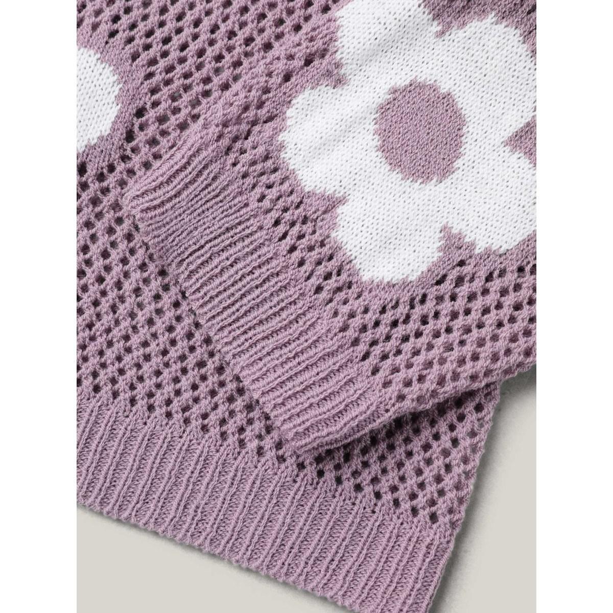 Plus Size Floral Jacquard Cut-Out Ribbed Pullover Mauve Women Beach Loose Long Sleeve Round Neck Vacation Pullovers BloomChic 14-16/1X Product Image