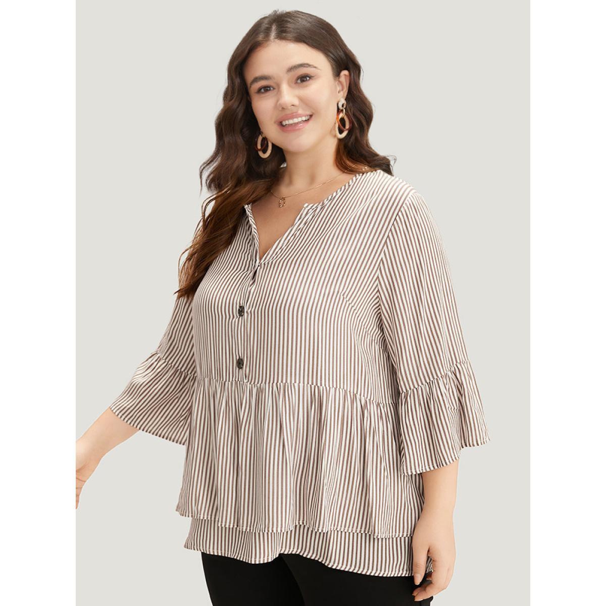 Plus Size Multicolor Striped Button Up Ruffles Bell Sleeve Blouse Women Office Elbow-length sleeve V-neck Work Blouses BloomChic 26/4X Product Image