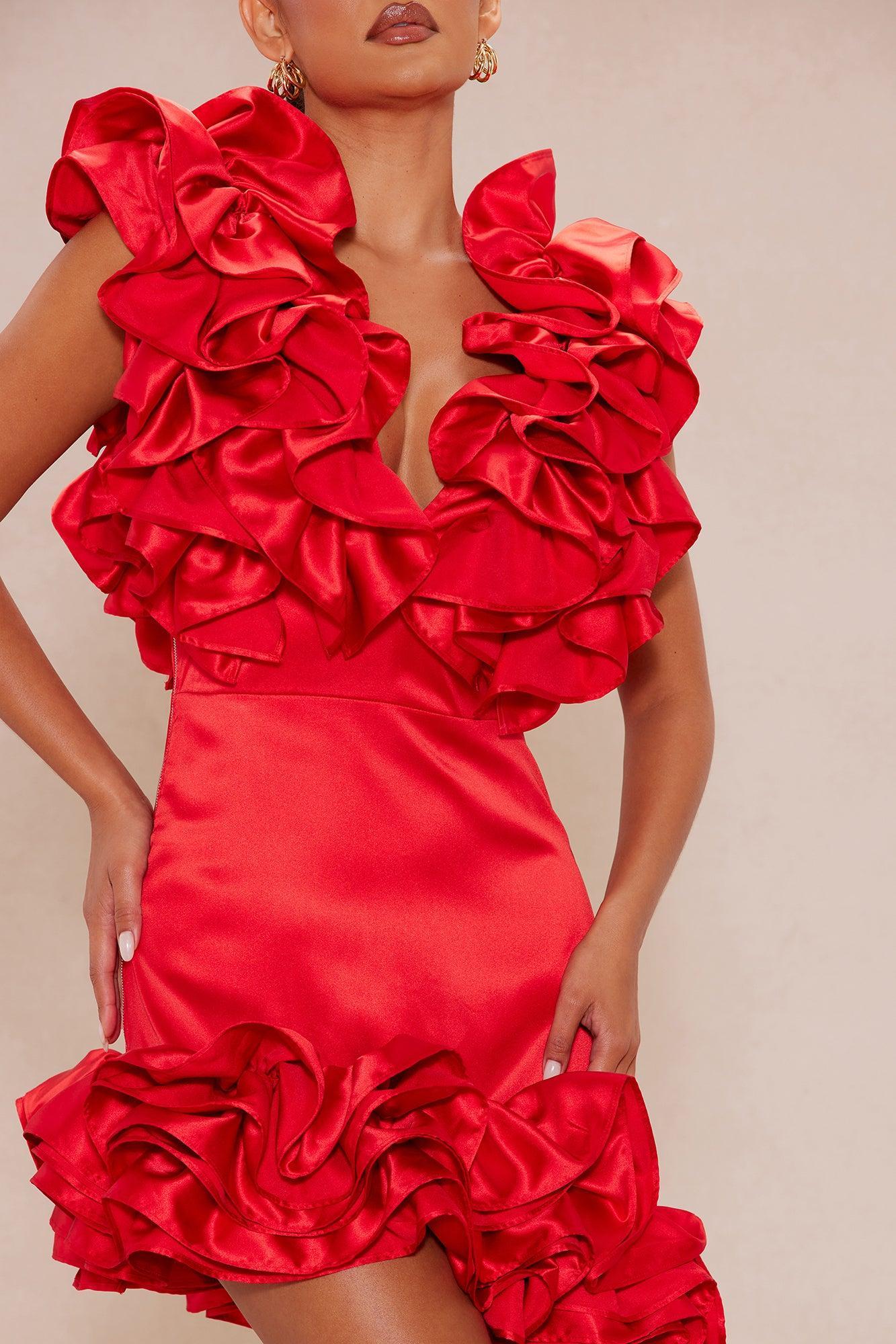 Athens Ruffle Mini Dress - Red Product Image