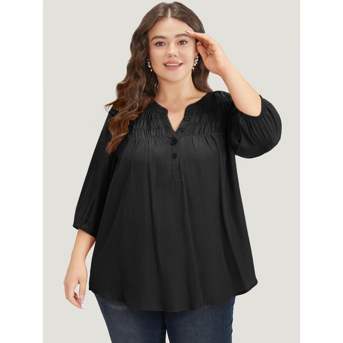 Plus Size Black Plain Notched Button Through Elastic Cuffs Shirred Blouse Women Office Elbow-length sleeve V-neck Work Blouses BloomChic 26/4X Product Image
