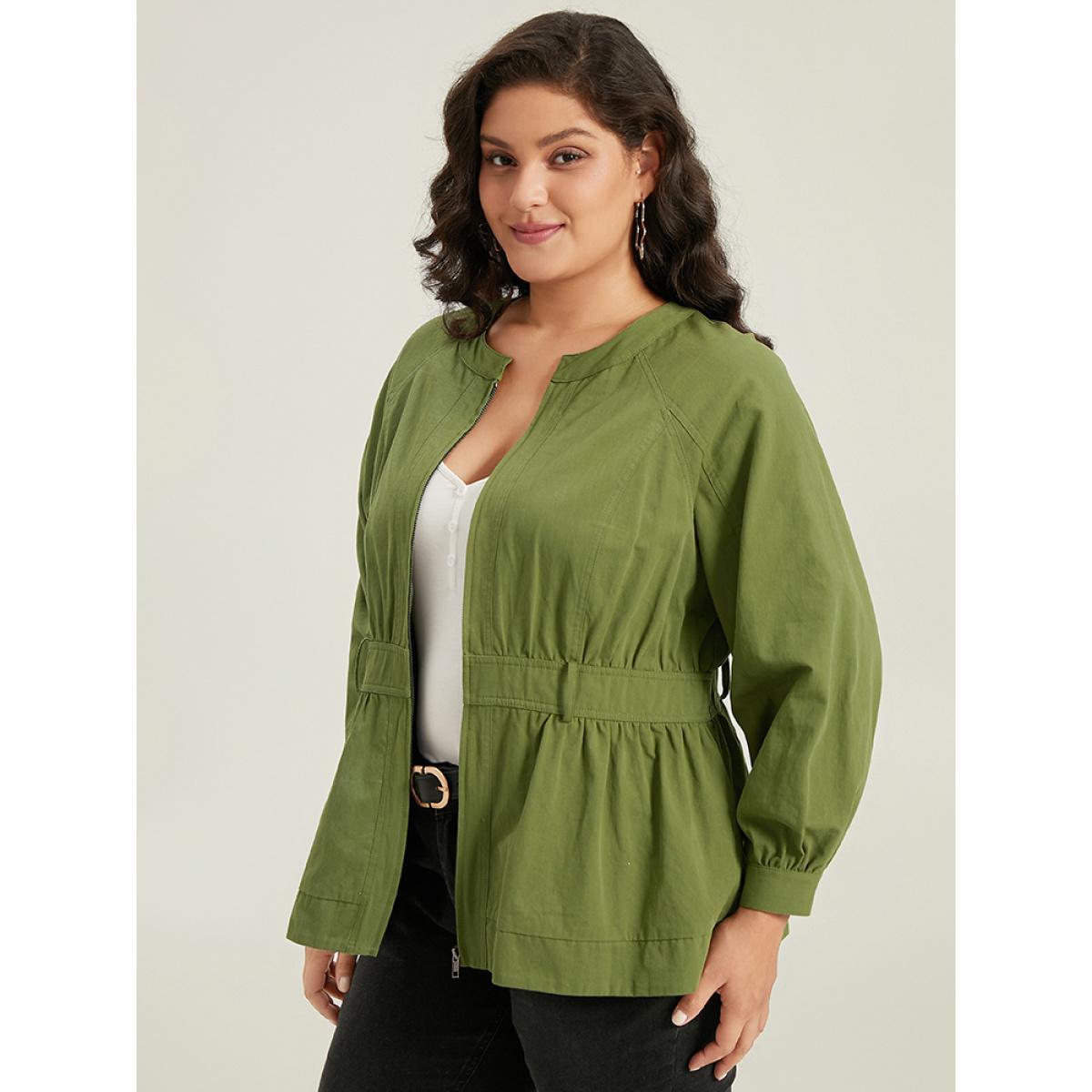 Plus Size Solid Gathered Detail Belted Zipper Fly Coat Women Moss Casual Gathered Ladies Dailywear Winter Coats BloomChic 14-16/1X Product Image