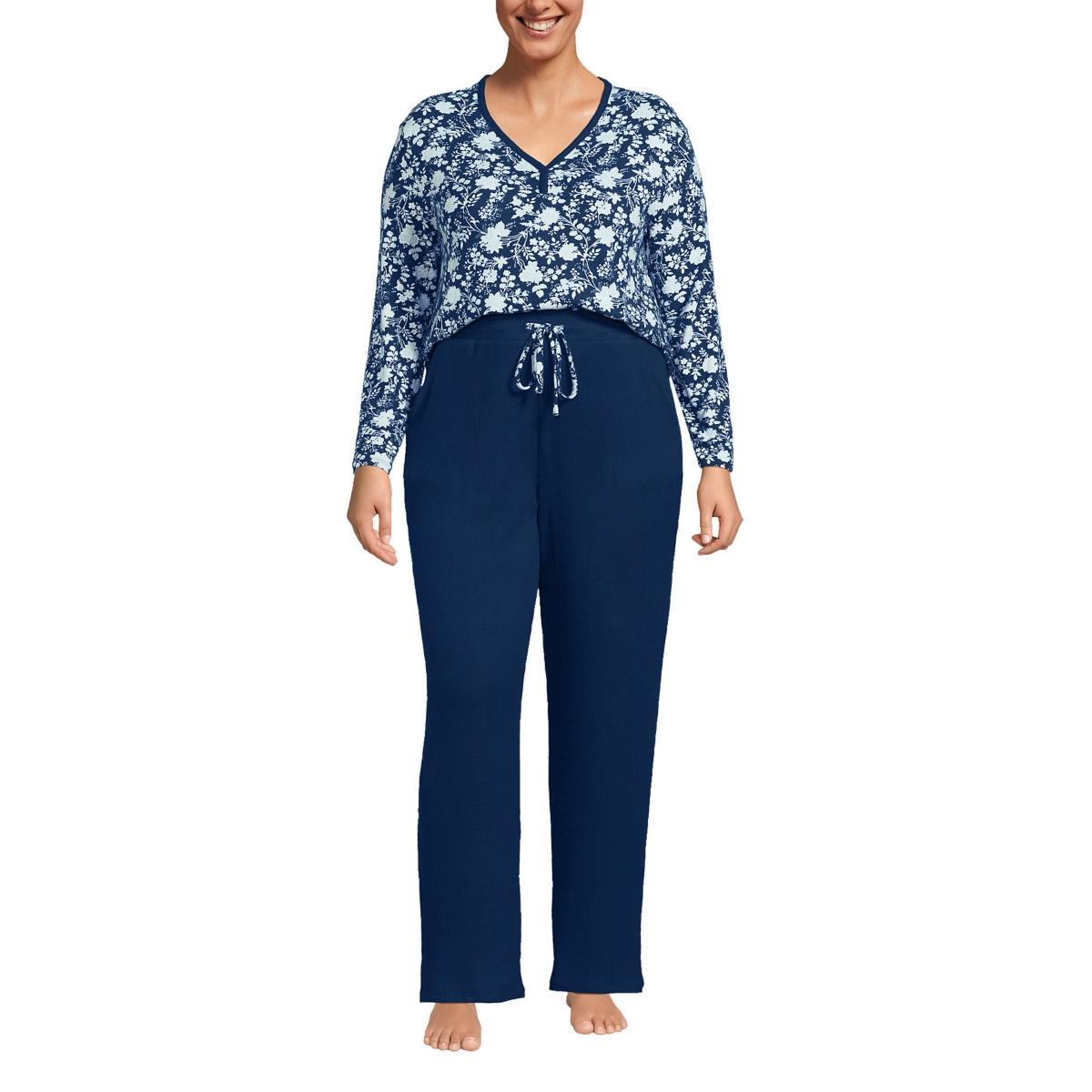 Womens Lands End Cozy Long Sleeve Pajama Top & Pajama Pants Sleep Set Blue Classic Floral Product Image