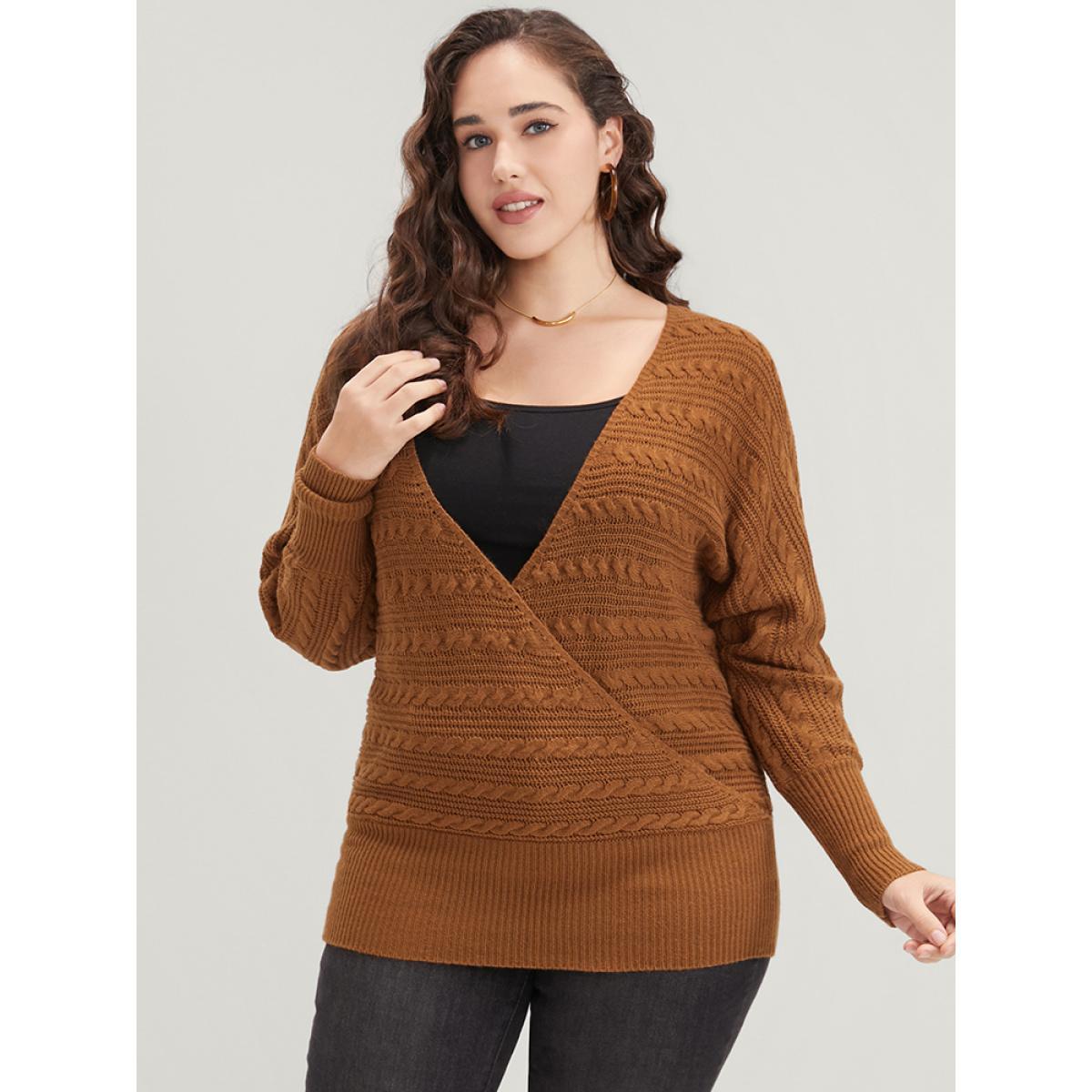 Plus Size Solid Pointelle Knit Dolman Sleeve Surplice Neck Knit Top Bronze Women Casual Loose Long Sleeve V-neck Dailywear Pullovers BloomChic 10/M Product Image