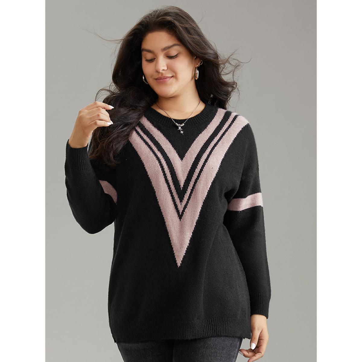 Plus Size Supersoft Essentials Two Tone Crew Neck Drop Shoulder Pullover Black Women Casual Loose Long Sleeve Round Neck Dailywear Pullovers BloomChic 28/5X Product Image