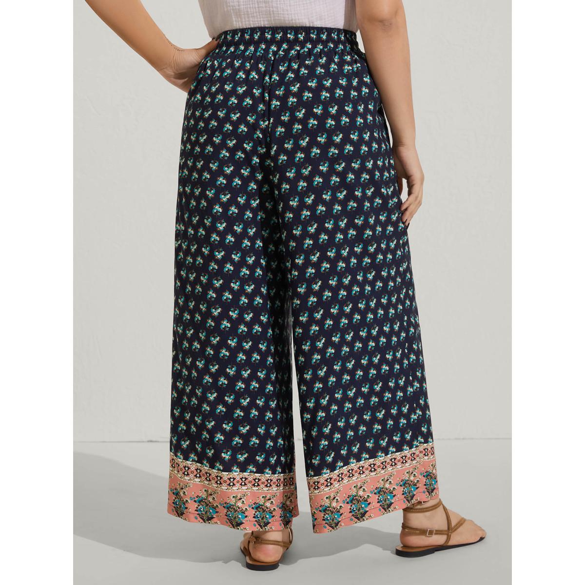 Plus Size Boho Stretchy Waist Wide-Leg Pants Women Multicolor Beach Wide Leg Mid Rise Vacation Pants BloomChic 30/6X Product Image