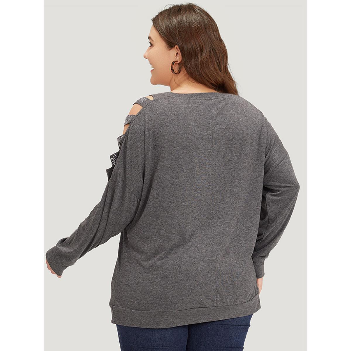 Plus Size Rhinestone Detail Hollow Out V Neck Long Sleeve T-shirt DimGray Women Casual Cut-Out Plain V-neck Dailywear T-shirts BloomChic 26/4X Product Image
