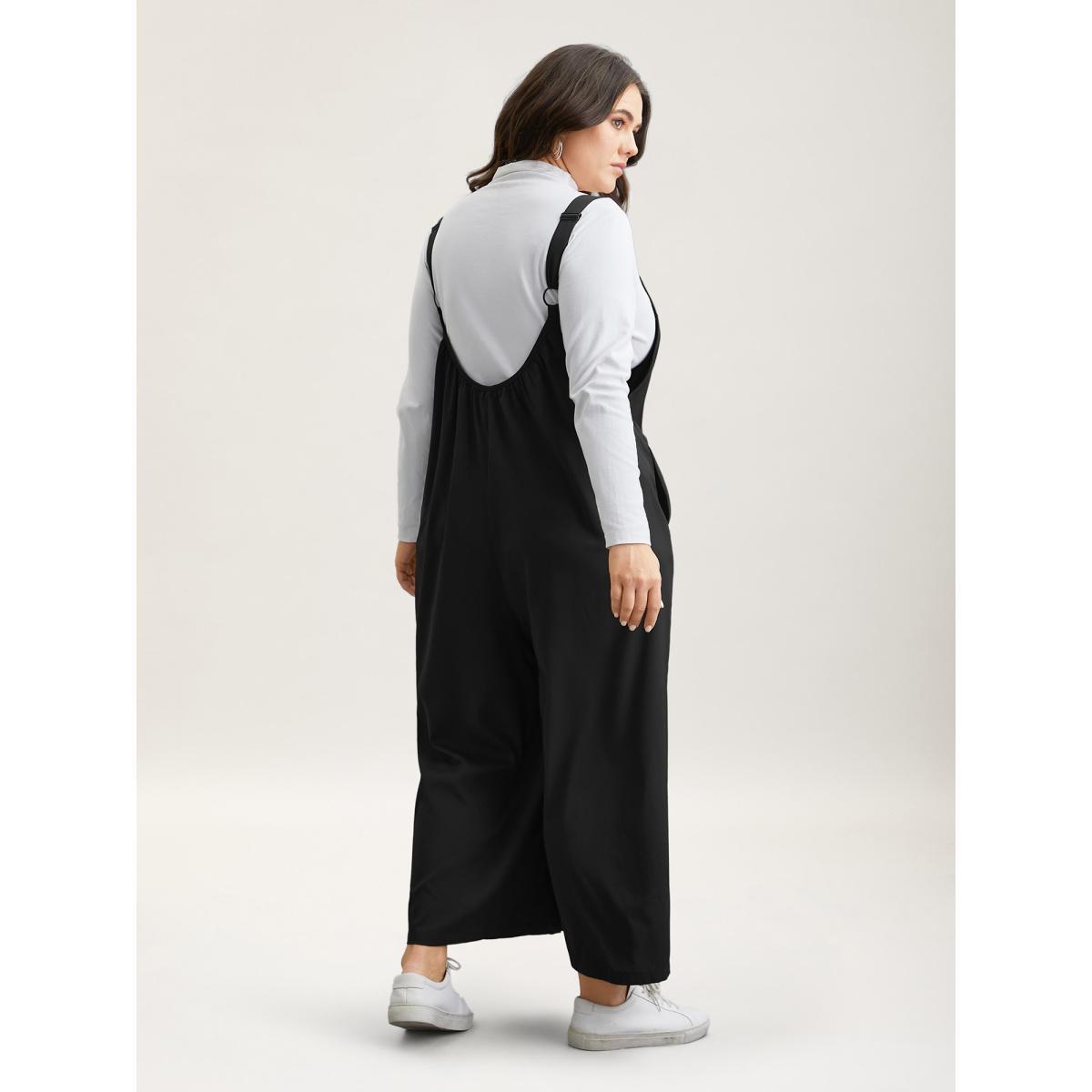 Plus Size Black Adjustable Straps Pockets Plain Flared Jumpsuit Women Casual Sleeveless Non Everyday-Casual Loose Jumpsuits BloomChic 14-16/1X Product Image