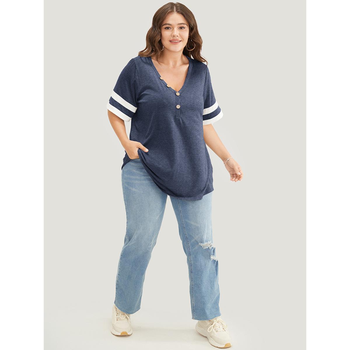 Plus Size Striped Contrast V Neck Button Detail T-shirt Indigo Women Casual Contrast Plain V-neck Dailywear T-shirts BloomChic 26/4X Product Image