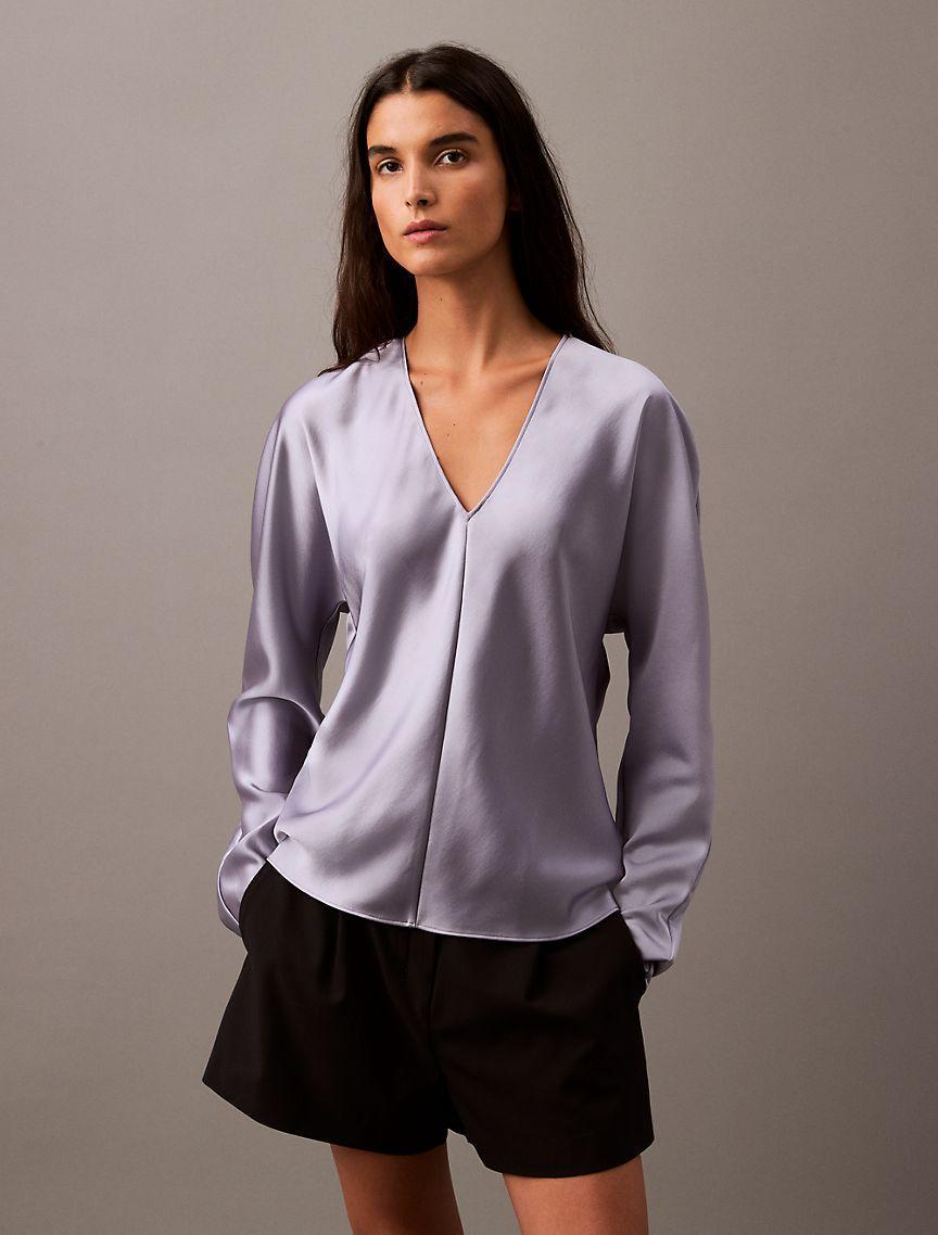 Calvin Klein Women's Satin V-Neck Blouse - Purple - XS Product Image