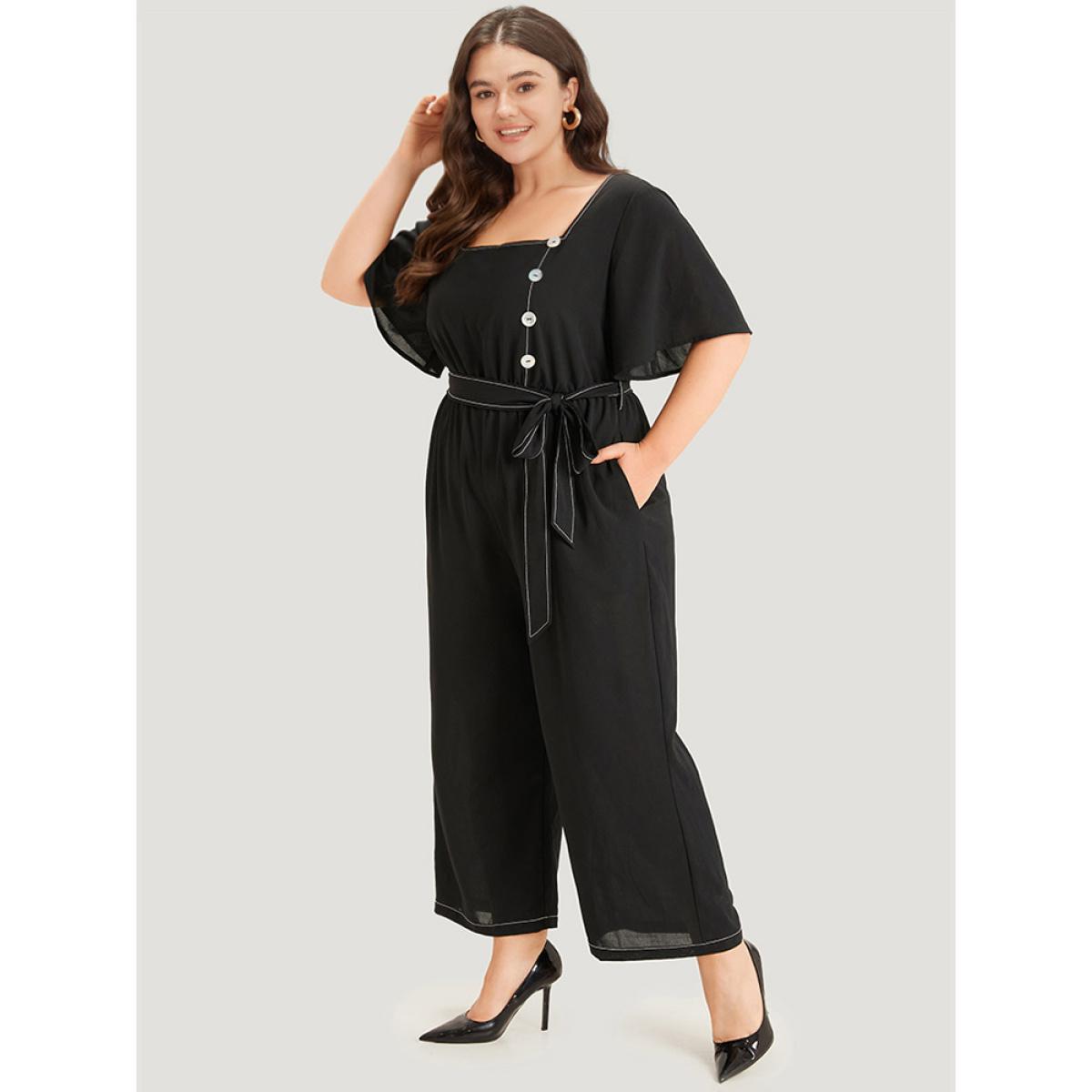 Plus Size Black Contrast Stitch Pocket Button Detail Belted Zipper Jumpsuit Women Office Short sleeve Square Neck Work Loose Jumpsuits BloomChic 12/L Product Image