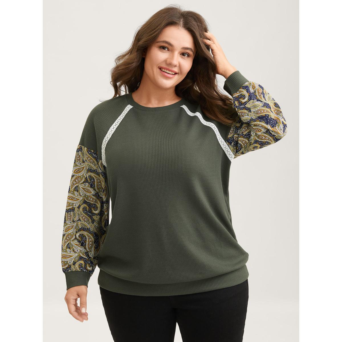 Plus Size Paisley Sleeve Textured Contrast Sweatshirt Women ArmyGreen Woven ribbon&lace trim Round Neck Everyday-Casual Sweatshirts BloomChic 12/L Product Image