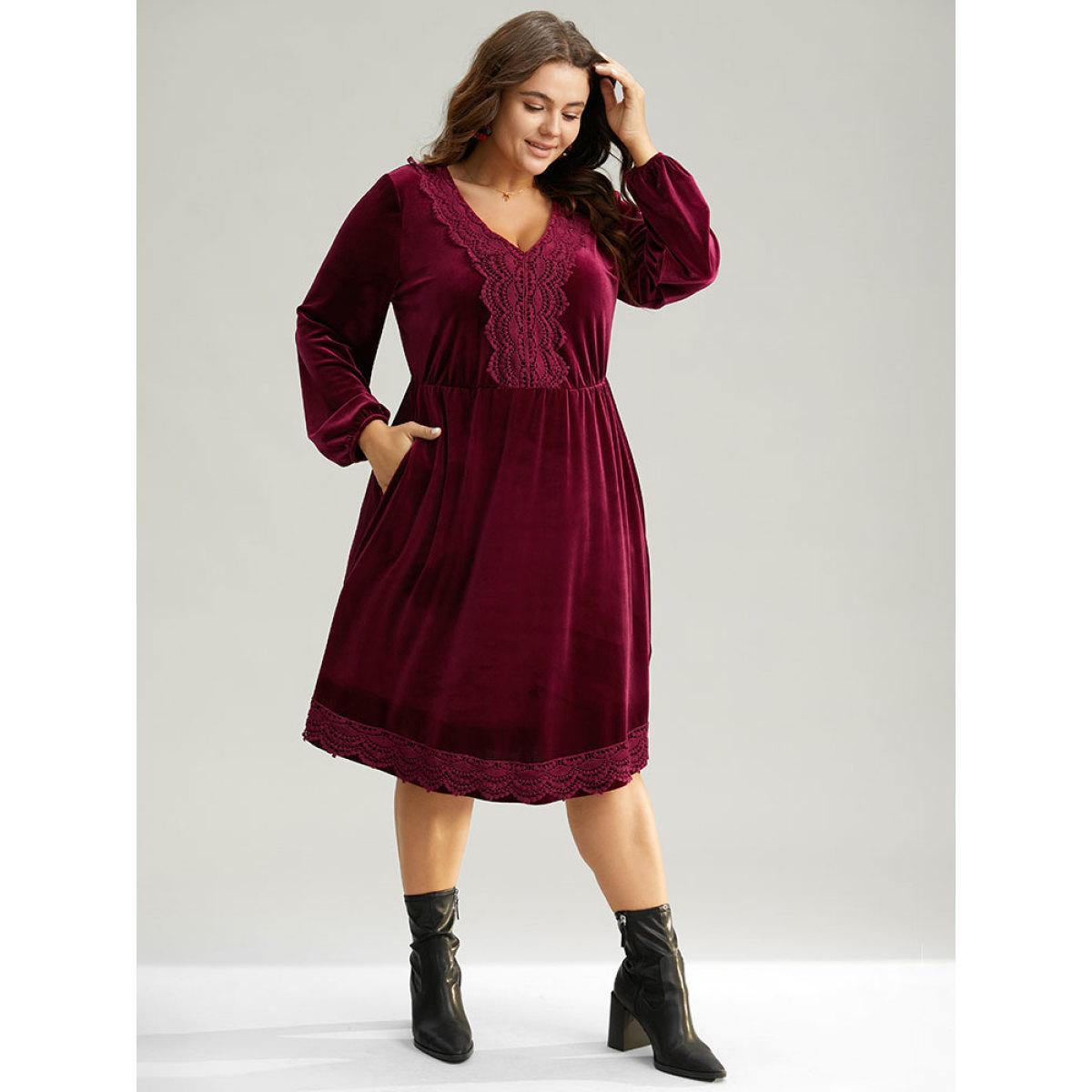 Plus Size Velvet Lace Panel Elastic Cuffs Dress Burgundy Women Elegant Elastic cuffs V-neck Long Sleeve Curvy Midi Dress BloomChic 18-20/2X Product Image