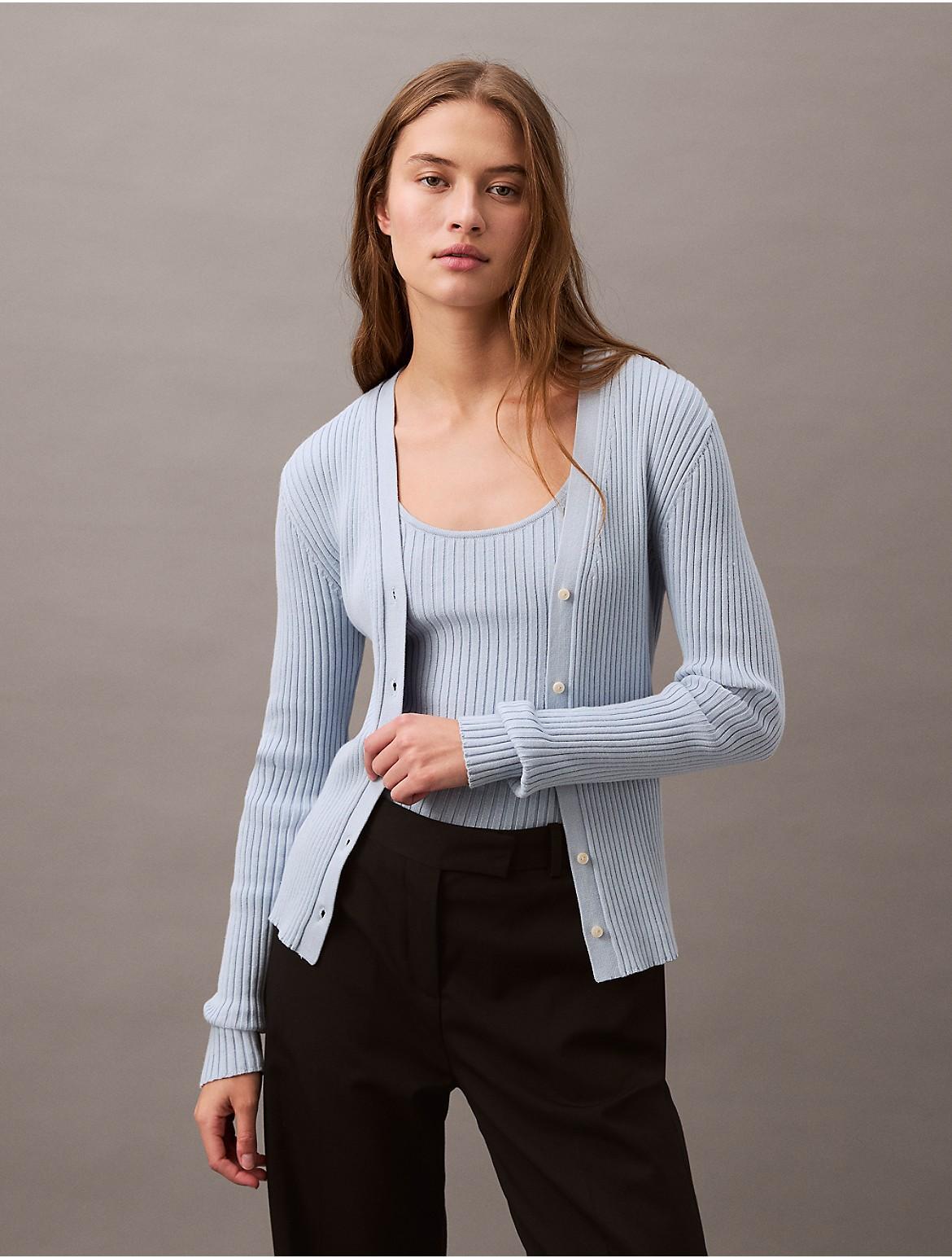 Calvin Klein Women's Smooth Cotton Rib Sweater Cardigan - Grey - S Product Image