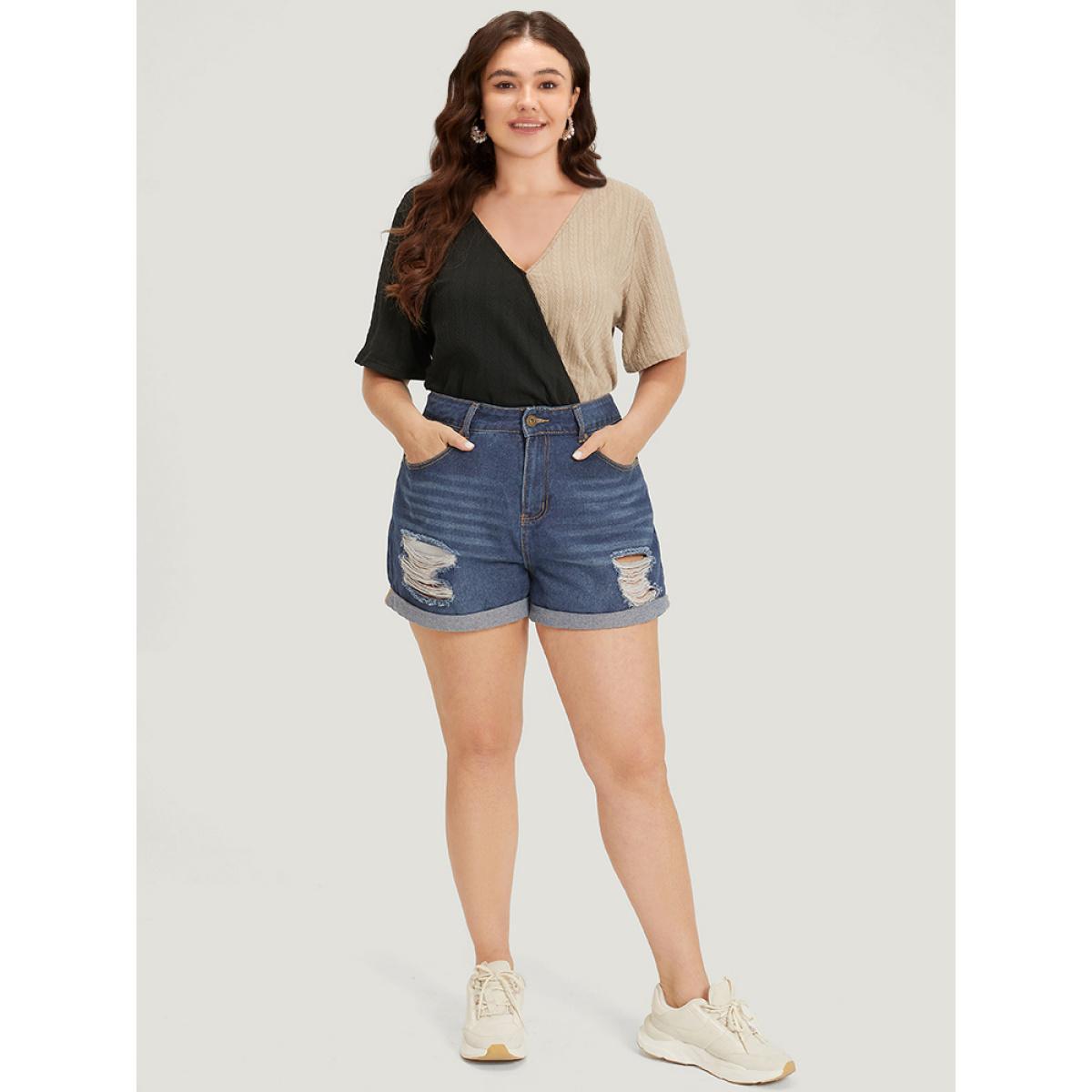 Plus Size Plain Textured Colorblock Contrast Patchwork Bodysuit Women Black Plain Contrast Bodysuits BloomChic 28/5X Product Image