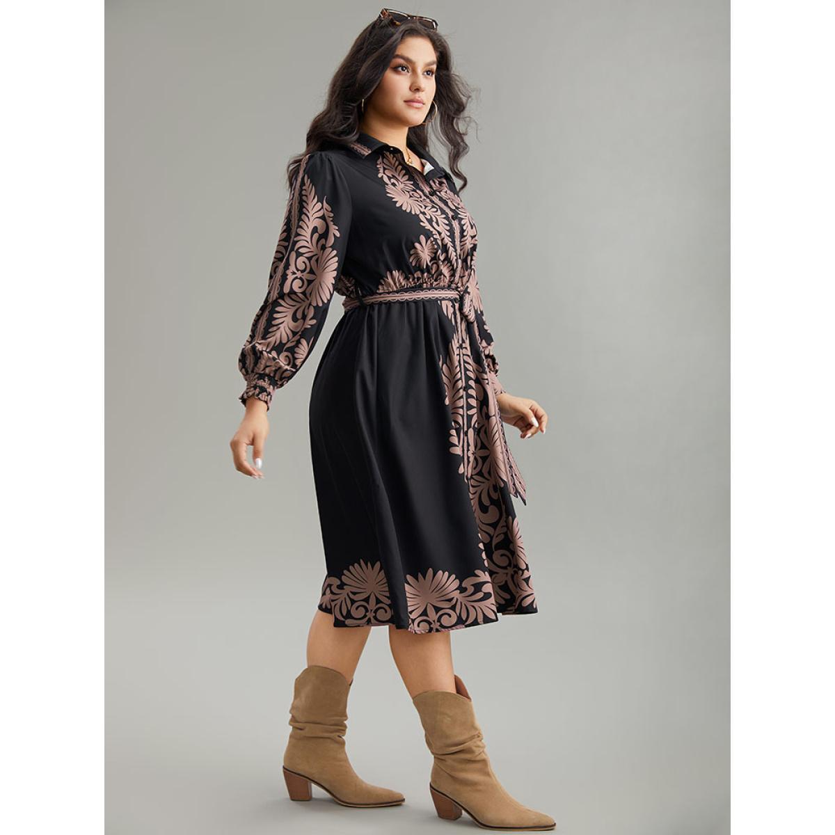 Plus Size Boho Print Shirt Collar Belted Dress Black Women Vacation Belted Shirt collar Long Sleeve Curvy Midi Dress BloomChic 18-20/2X Product Image