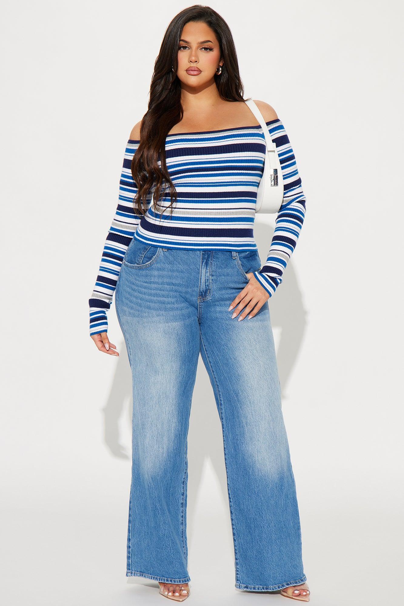 Madisyn Off Shoulder Striped Sweater - Navy/combo Product Image