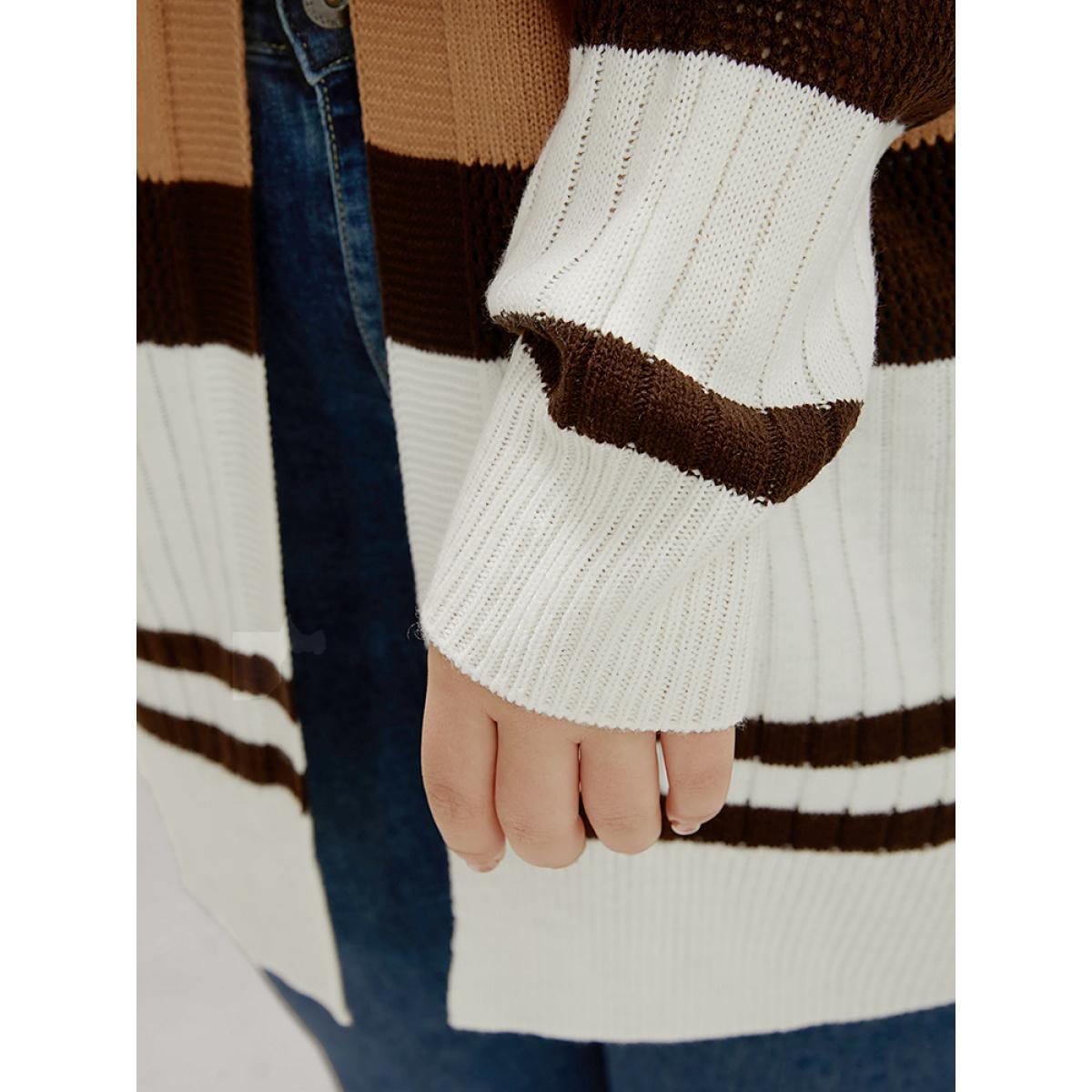 Plus Size Colorblock Contrast Pointelle Knit Eyelet Open Front Cardigan Multicolor Women Casual Loose Long Sleeve Dailywear Cardigans BloomChic 28/5X Product Image