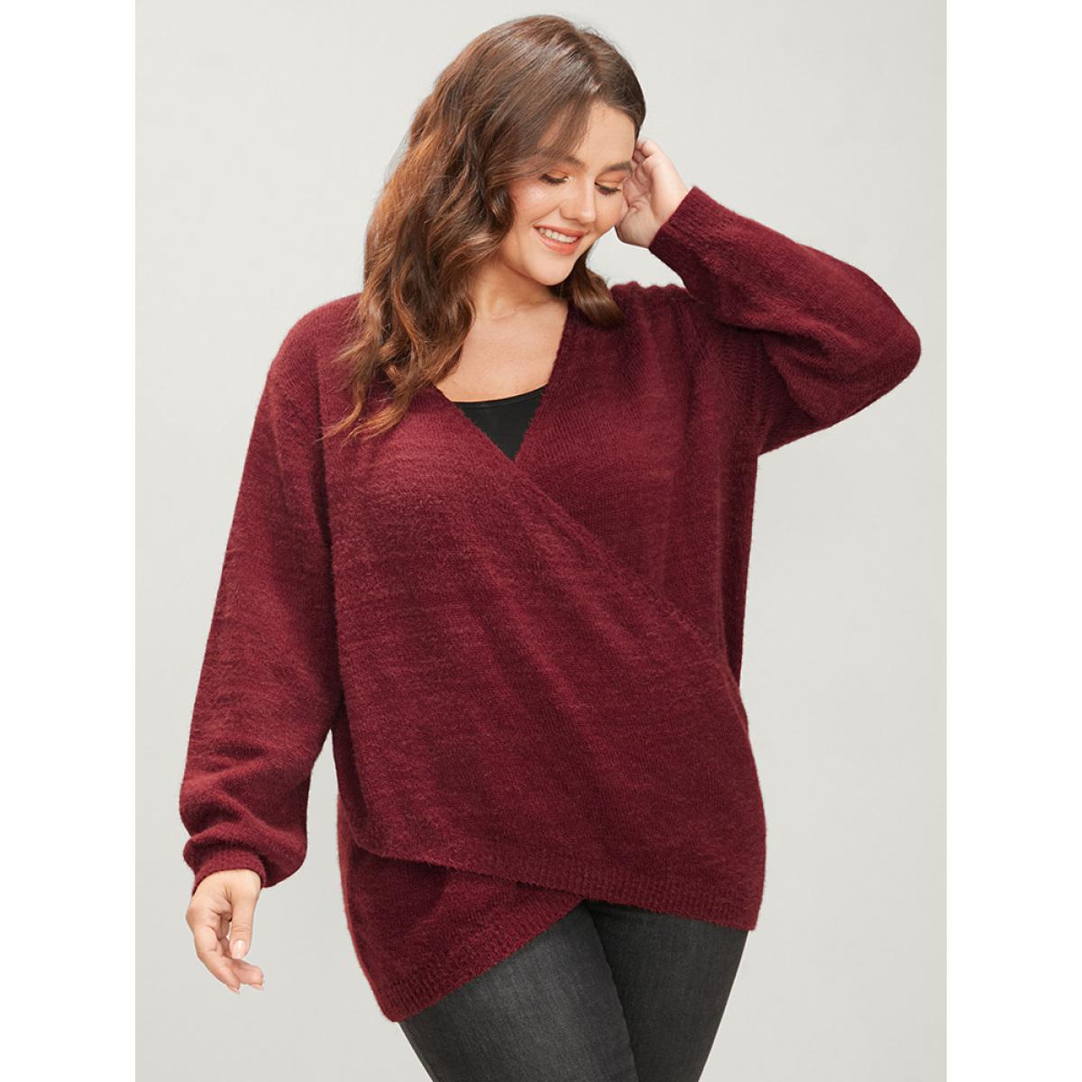 Plus Size Solid Soft Plush Knit Crossover Hem Knit Top Scarlet Women Elegant Loose Long Sleeve Overlap Collar Dailywear Pullovers BloomChic 26/4X Product Image