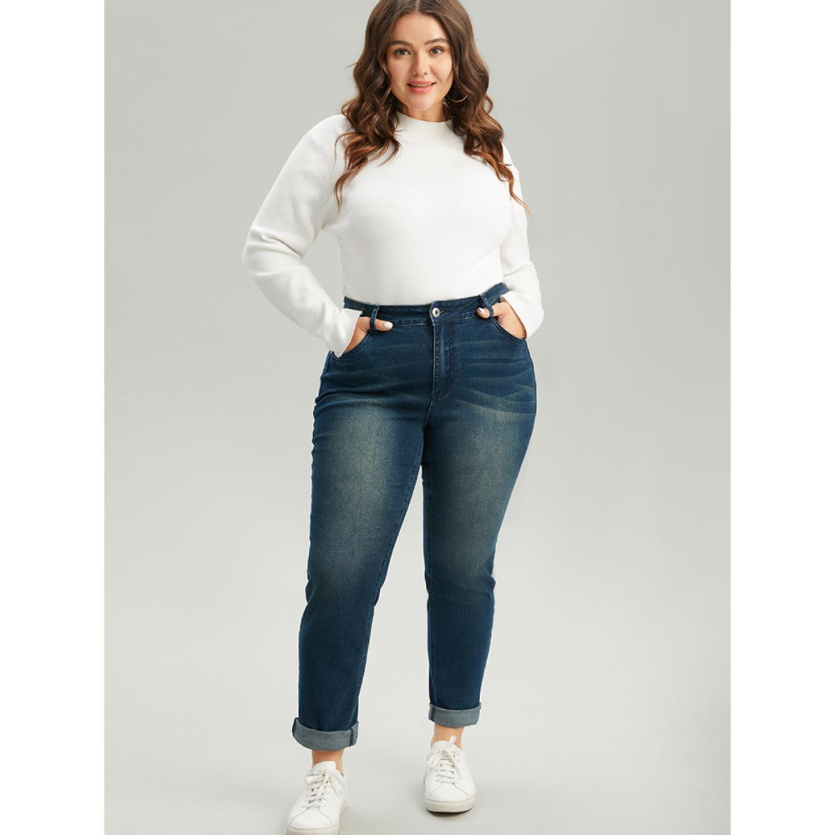 Plus Size Very Stretchy Straight Leg Roll Hem Jeans Women Aegean Casual Plain Plain High stretch Pocket Jeans BloomChic 22/3X Product Image