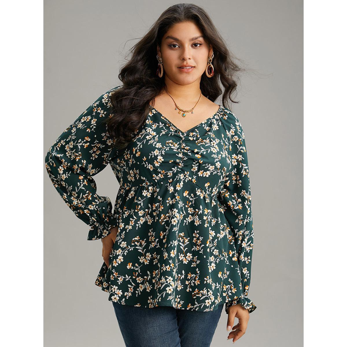 Plus Size DarkGreen Floral Print Ruched Lantern Sleeve Blouse Women Elegant Long Sleeve V-neck Dailywear Blouses BloomChic 28/5X Product Image