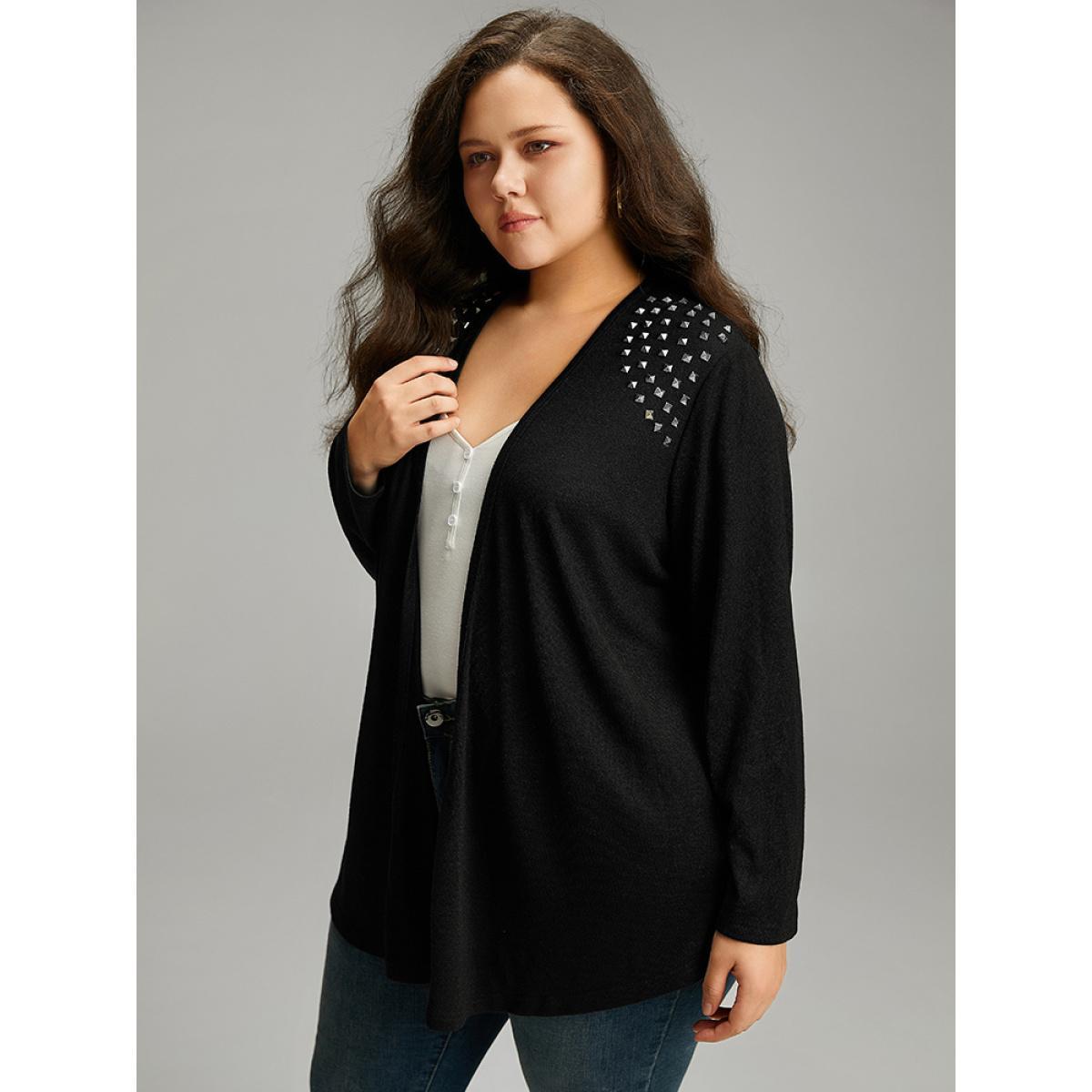 Plus Size Plain Rivets Detail Open Front Asymmetrical Hem Kimono Women Black Work From Home Texture Work Kimonos BloomChic 10/M Product Image
