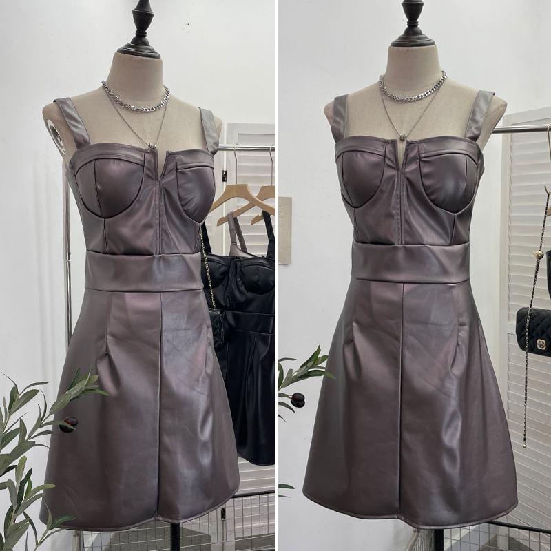 Faux Leather Plain Mini A-Line Dungaree Dress Product Image