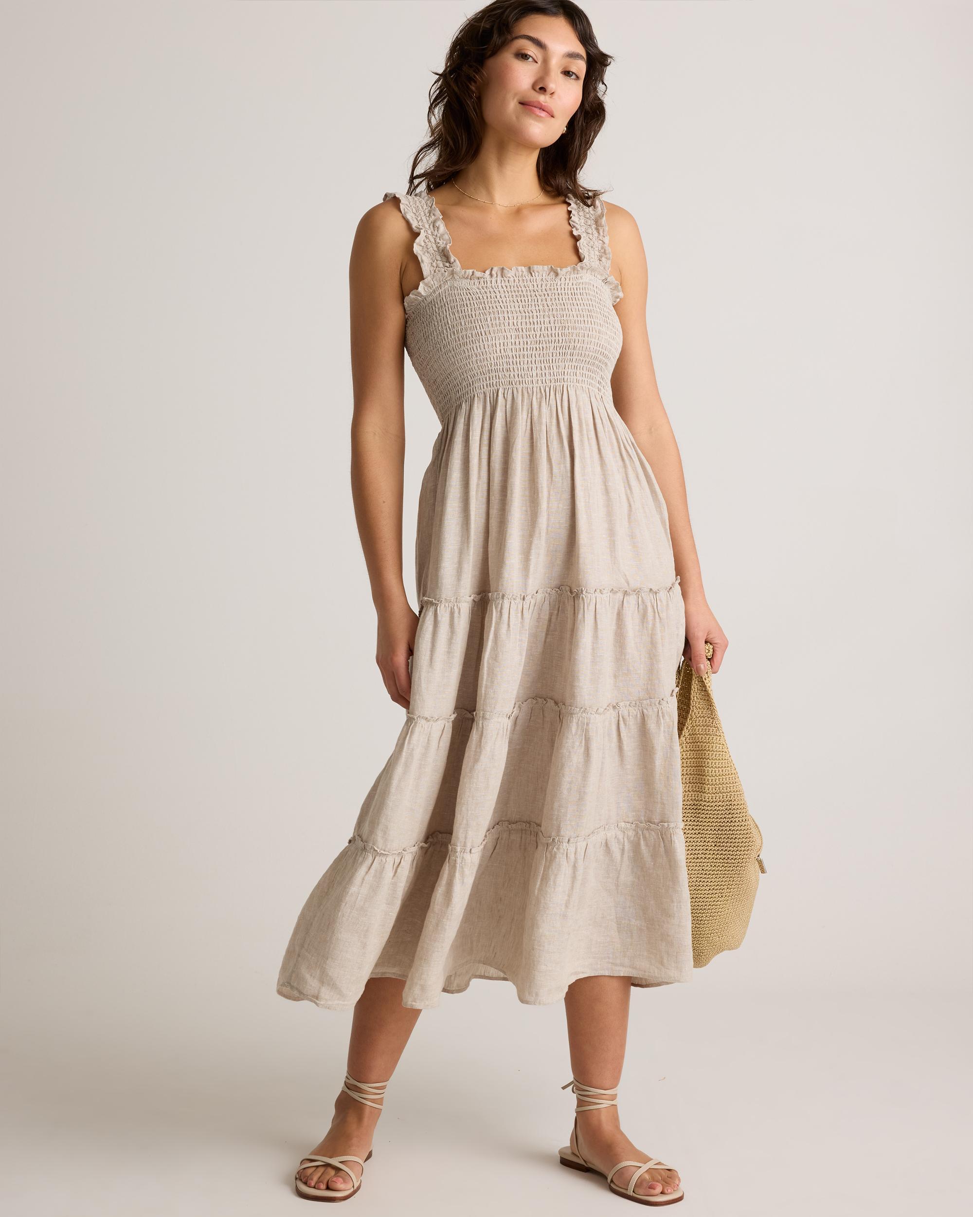 100% European Linen Smocked Midi Dress Product Image