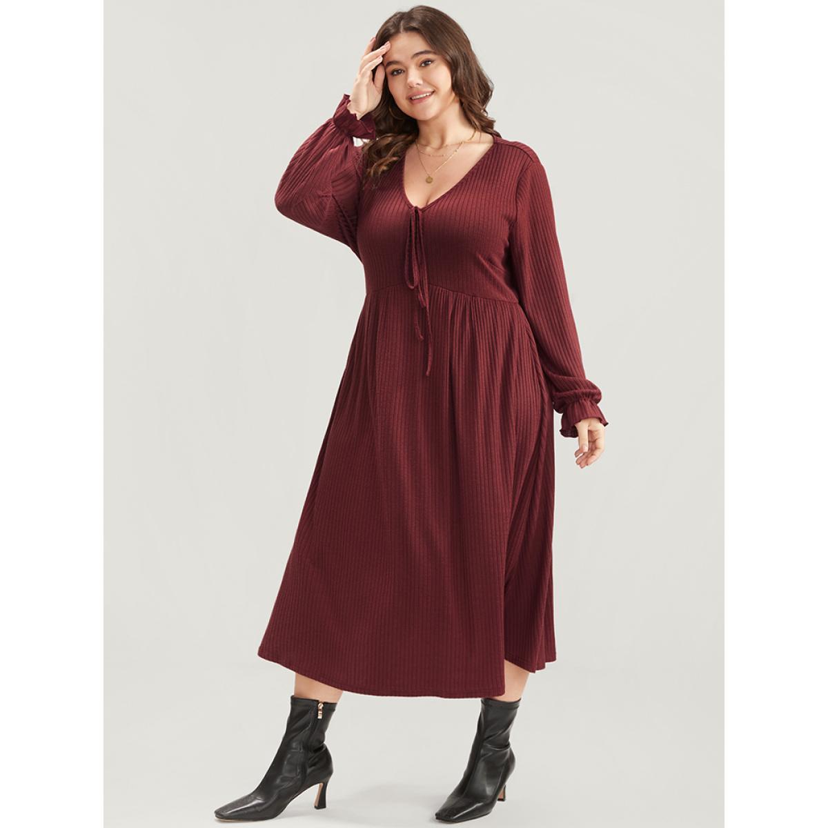 Plus Size Solid Lantern Sleeve Tie Neck Pocket Rib Knit Dress Burgundy Women Casual Pocket V-neck Long Sleeve Curvy Midi Dress BloomChic 10/M Product Image