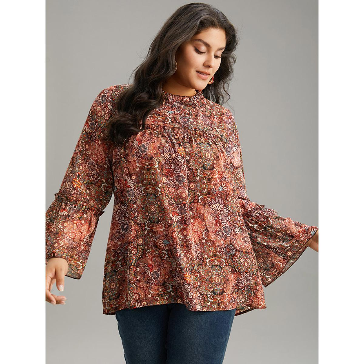 Plus Size Scarlet Bandana Print Mesh Frill Trim Blouse Women Elegant Long Sleeve Round Neck Vacation Blouses BloomChic 22-24/3X Product Image